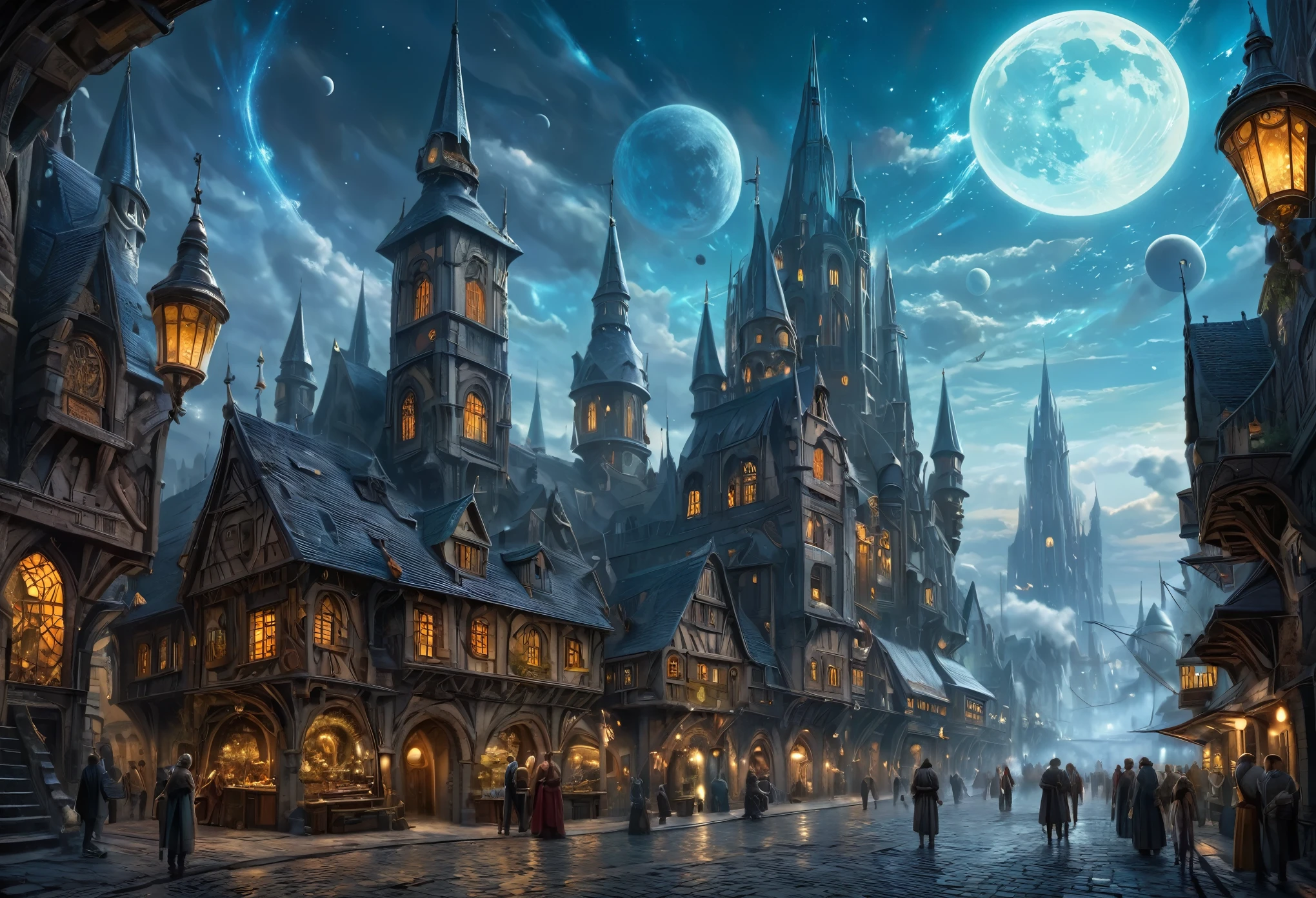 (a fusion of a medieval town and science fiction),oil painting,highres,ultra-detailed,vibrant colors,futuristic architecture,hovering spaceships,mysterious atmosphere,grand castles,twisting cobblestone streets,majestic spires,powerful energy fields,enchanted glowing crystals,steam-powered machinery,curious steampunk inventions,medieval knights in hi-tech armor,otherworldly creatures blending with humans,illuminated holographic signs,advanced transportation systems,glowing neon lights reflecting on the wet pavements,starry night sky with multiple moons,mechanical dragons soaring through the air,hidden underground laboratories,interdimensional portals,ancient ruins being transformed into futuristic structures,ornate stained glass windows depicting futuristic scenes,medieval marketplaces with futuristic kiosks and holographic displays,solar-powered energy generators,enchanted forests with bioluminescent plants,dazzling fireworks illuminating the sky,endless possibilities merging the past and the future.