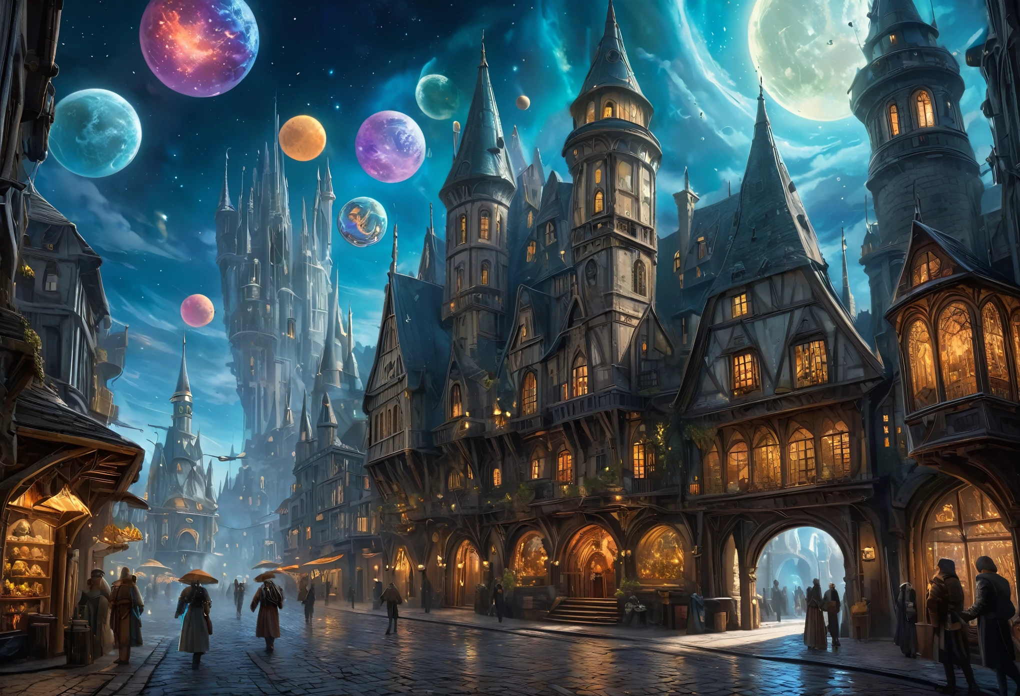 (a fusion of a medieval town and science fiction),oil painting,highres,ultra-detailed,vibrant colors,futuristic architecture,hovering spaceships,mysterious atmosphere,grand castles,twisting cobblestone streets,majestic spires,powerful energy fields,enchanted glowing crystals,steam-powered machinery,curious steampunk inventions,medieval knights in hi-tech armor,otherworldly creatures blending with humans,illuminated holographic signs,advanced transportation systems,glowing neon lights reflecting on the wet pavements,starry night sky with multiple moons,mechanical dragons soaring through the air,hidden underground laboratories,interdimensional portals,ancient ruins being transformed into futuristic structures,ornate stained glass windows depicting futuristic scenes,medieval marketplaces with futuristic kiosks and holographic displays,solar-powered energy generators,enchanted forests with bioluminescent plants,dazzling fireworks illuminating the sky,endless possibilities merging the past and the future.