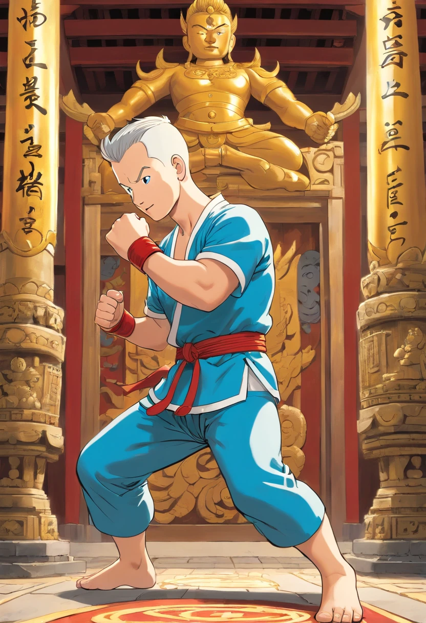 Tintin, 50 years old male wearing muaythai fighter suits , slick and neat short gray hair, boxer fighting pose, inside tradisional thai temple, european comics