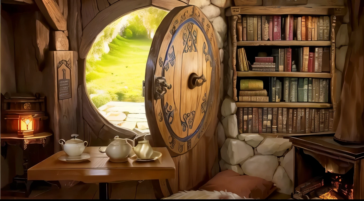 there is a table with a cup of coffee and a bookshelf, interior of a buraco do hobbit, em sua casa de hobbit, buraco do hobbit, portas redondas, magic door, caverna de livros, dentro de uma casa medieval de hobbit, storybook style, janela redonda, large janela redonda, abrir janela ib fundo, Lord of the Rings Style, Casa de Elrond, hobbiton