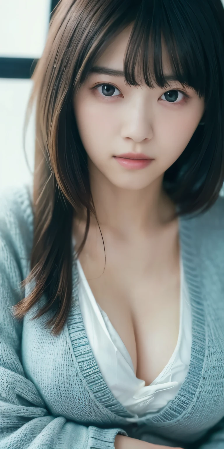 masterpiece, highest quality, 8k, 20th generation, Big Breasts, cute, alone, sad, cute, Girlish, cute、Delicate girl, Pure beauty,  RAW Photos, Professional photography, Portraiture, Soft Light, Professional Lighting, Backlight, Upper Body, avert your eyes, Sophisticated, Film Grain, (Round face、Young Face、Thin eyebrows、Thin lips:1.0), Floating Hair, beautiful, Flowing hair, bangs, White blouse、pastel cardigan、(Big Breasts:1.2)、I can see a little cleavage、Micro Mini Skirt、Voluptuous thighs、dolly make、Heterochromia iridis、Left and right eyes are different colors、Midsummer sky、Cumulonimbuidsummer Beach