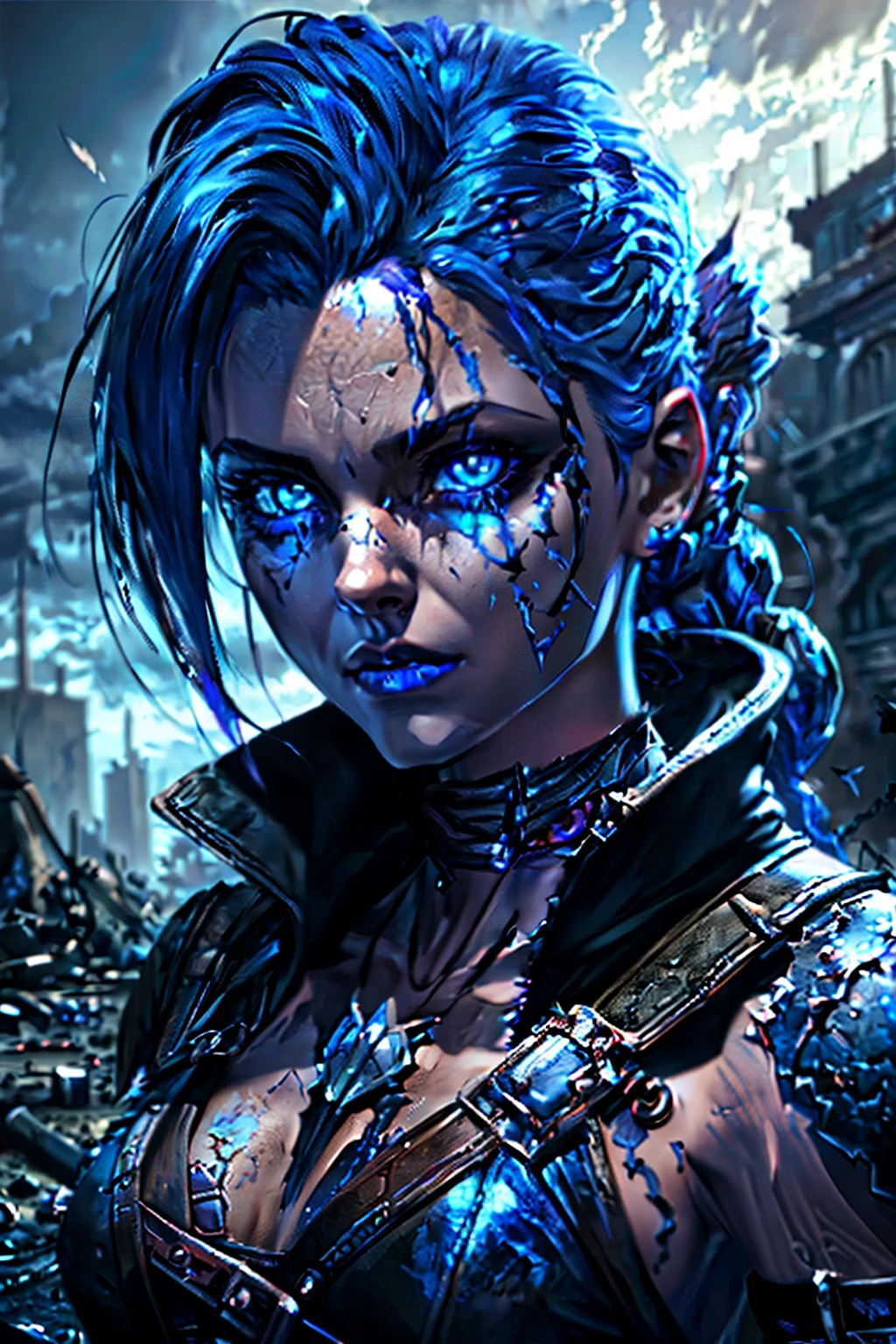 Lilith, beautiful demon, fallen angel, piercing blue eyes, hyperdetailed, photorealistic, post apocalyptic background, volumetric lighting, 4k