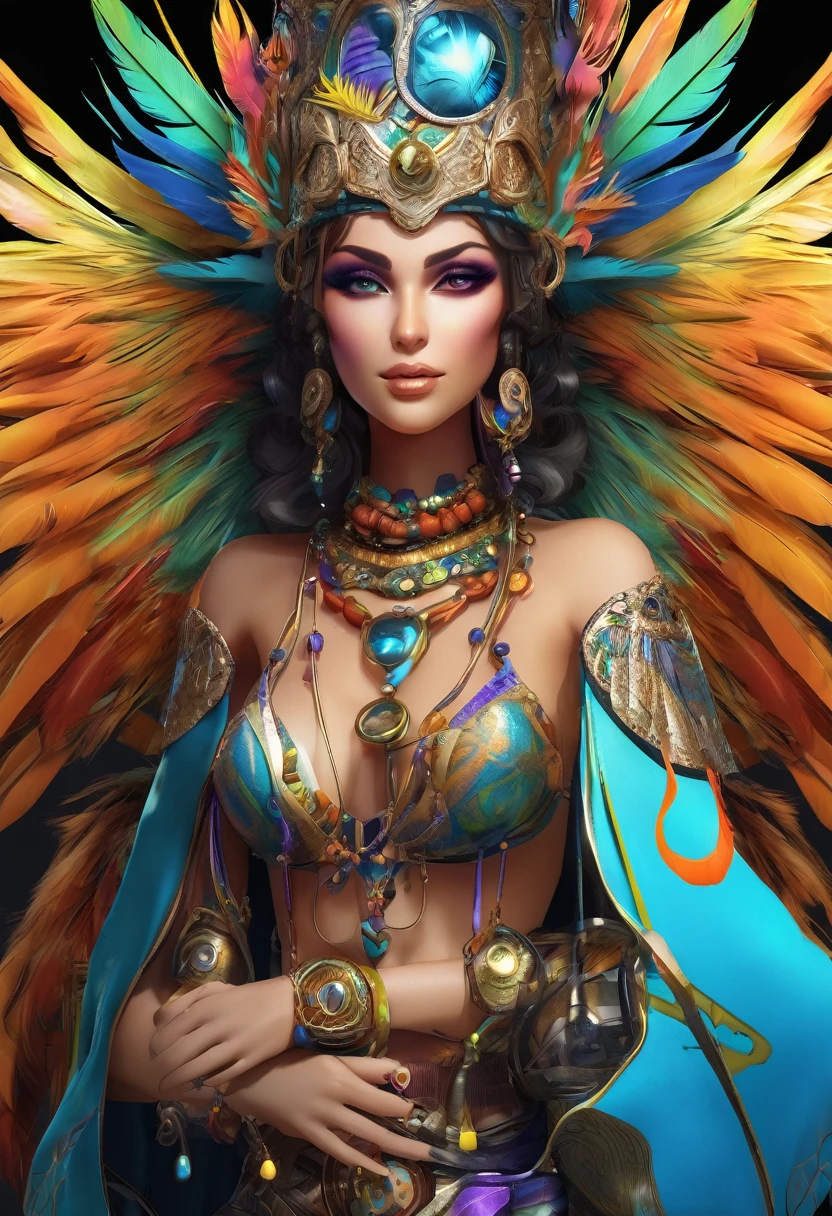 A lovely woman is part tropical bird, she has an amazing sexy figure, lovey detailed face with sharp features, over large eyes, patches of bright feathers. She is working as an alchemist (SFW) Show her entire body, set in an alchemy lab