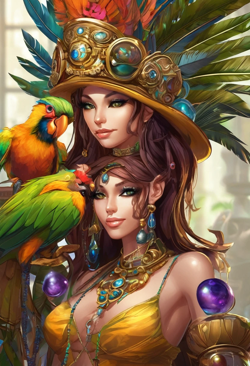 A lovely woman is part tropical bird, she has an amazing sexy figure, lovey detailed face with sharp features, over large eyes, patches of bright feathers. She is working as an alchemist (SFW) Show her entire body, set in an alchemy lab