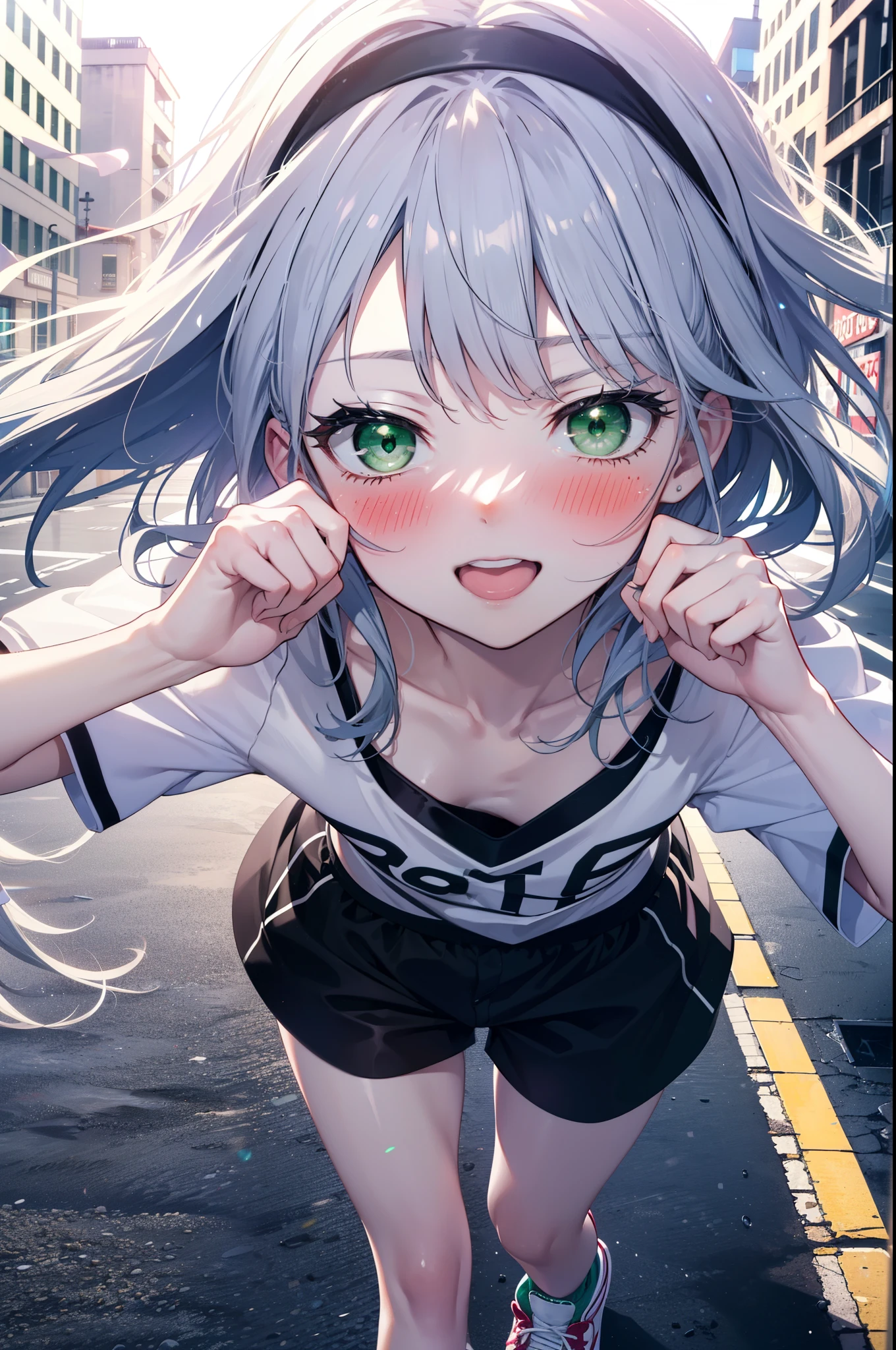 index, index, (Green Eyes:1.5), Silver Hair, Long Hair, (Flat Chest:1.2),happy smile, smile, Open your mouth,blush,hair band,Cordo shoulder top,Short sleeve,Shorts,Black tights,High-top sneakers,Daytime,Clear skies,whole bodyがイラストに入るように,Walking,
break looking at viewer, whole body,
break outdoors, In town,Building district,
break (masterpiece:1.2), highest quality, High resolution, unity 8k wallpaper, (figure:0.8), (Beautiful fine details:1.6), Highly detailed face, Perfect lighting, Highly detailed CG, (Perfect hands, Perfect Anatomy),