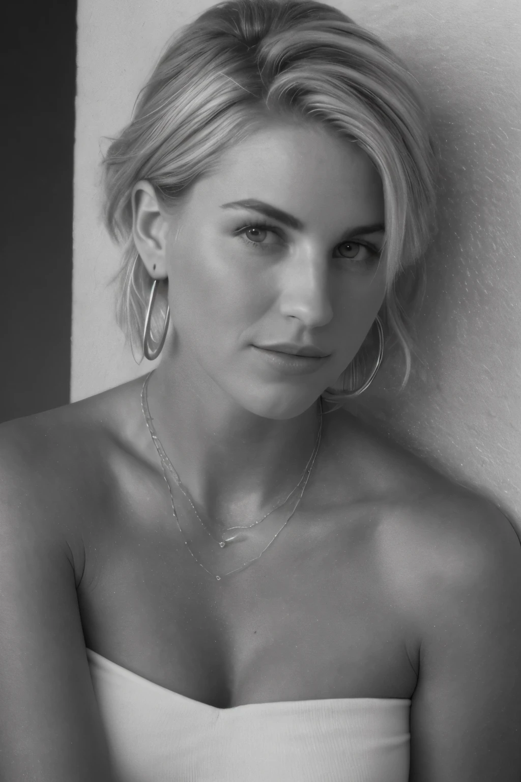 25 year old girl, (Kaley Cuoco:0.8), (Camilla Belle:0.9), (eugenie bouchard), beauty, beautiful girl, black and white photography, hard contrast, hard shadows, flawless skin, elegant pose, dramatic lighting, high fashion, cinematic, moody atmosphere, strapless tank, mini skirt, seductive smirk, close up. Whit sneakers, hoop earrings, a wire thin necklace, wire thin bracelets