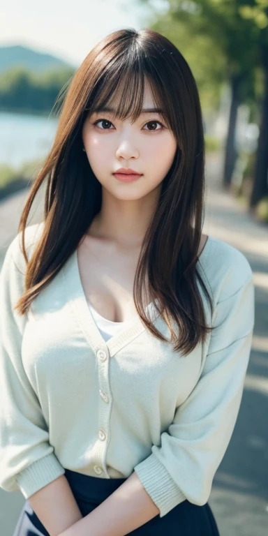 masterpiece, highest quality, 8k, 20th generation, Big Breasts, cute, alone, sad, cute, Girlish, cute、Delicate girl, Pure beauty, RAW Photos, Professional photography, Portraiture, Soft Light, Professional Lighting, Backlight, Upper Body, avert your eyes, Sophisticated, Film Grain, (Round face、Young Face、Thin eyebrows、Thin lips:1.0), Floating Hair, beautiful, Flowing hair, bangs, White blouse、pastel cardigan、(Big Breasts:1.2)、I can see a little cleavage、Micro Mini Skirt、Voluptuous thighs、dolly make、Heterochromia iridis、Left and right eyes are different colors、Midsummer sky、Cumulonimbuidsummer Beach