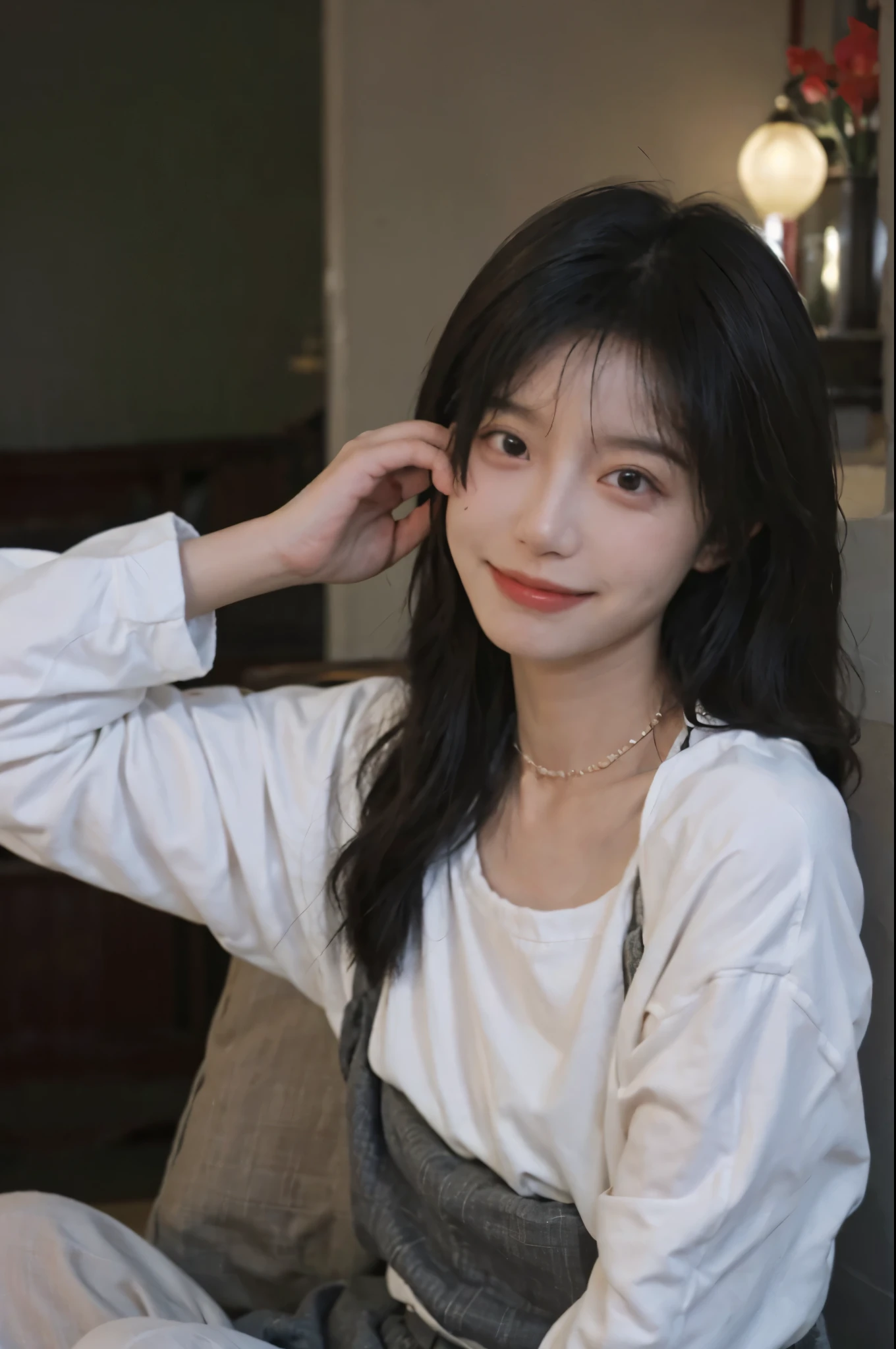 best qualtiy， Ultra-high resolution， （realisticlying：1.4），（（Medium hair）））， （tmasterpiece：1.3）， （complexdetails：1.2）， 1girll， solo，  delicated， beautifuldetails， （Detailed eyes）， （detailedfacialfeatures）， ， （（（little breast）））， skin tight， （head straight-looking at viewer）， （being thin）， （best qualtiy：1.4）， （Ultra-high resolution：1.2）， cinematric light， （Extreme detail illustration）， （Gloss on lips， best qualityer， Ultra-high resolution， depth of fields， Caustics， Wide lighting， naturalshadow， 85mm， f/1.4， iso 200， 1/160s：0.75），1girll， solo， （（（White suspenders）））ssmile， Suits， choker necklace，