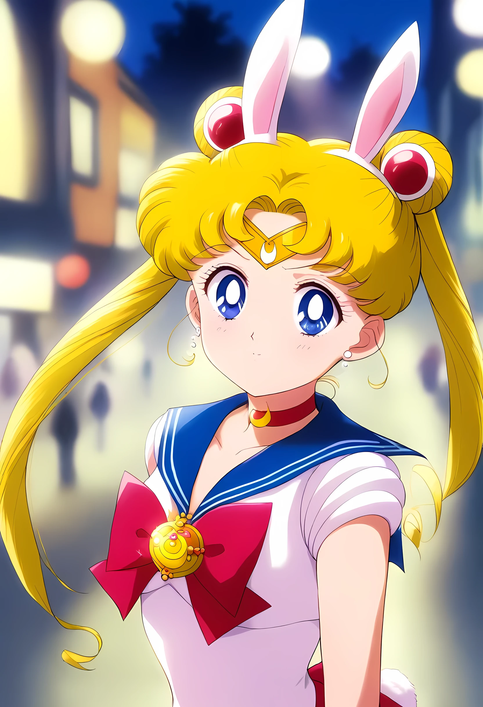 1girl, tsukino usagi, bishoujo senshi sailor moon, aausagi, masterpiece, best quality, very aesthetic, absurdres, bust shot, Bunny girl costume, detailed peak of bunny ears, moonlight, crowded street