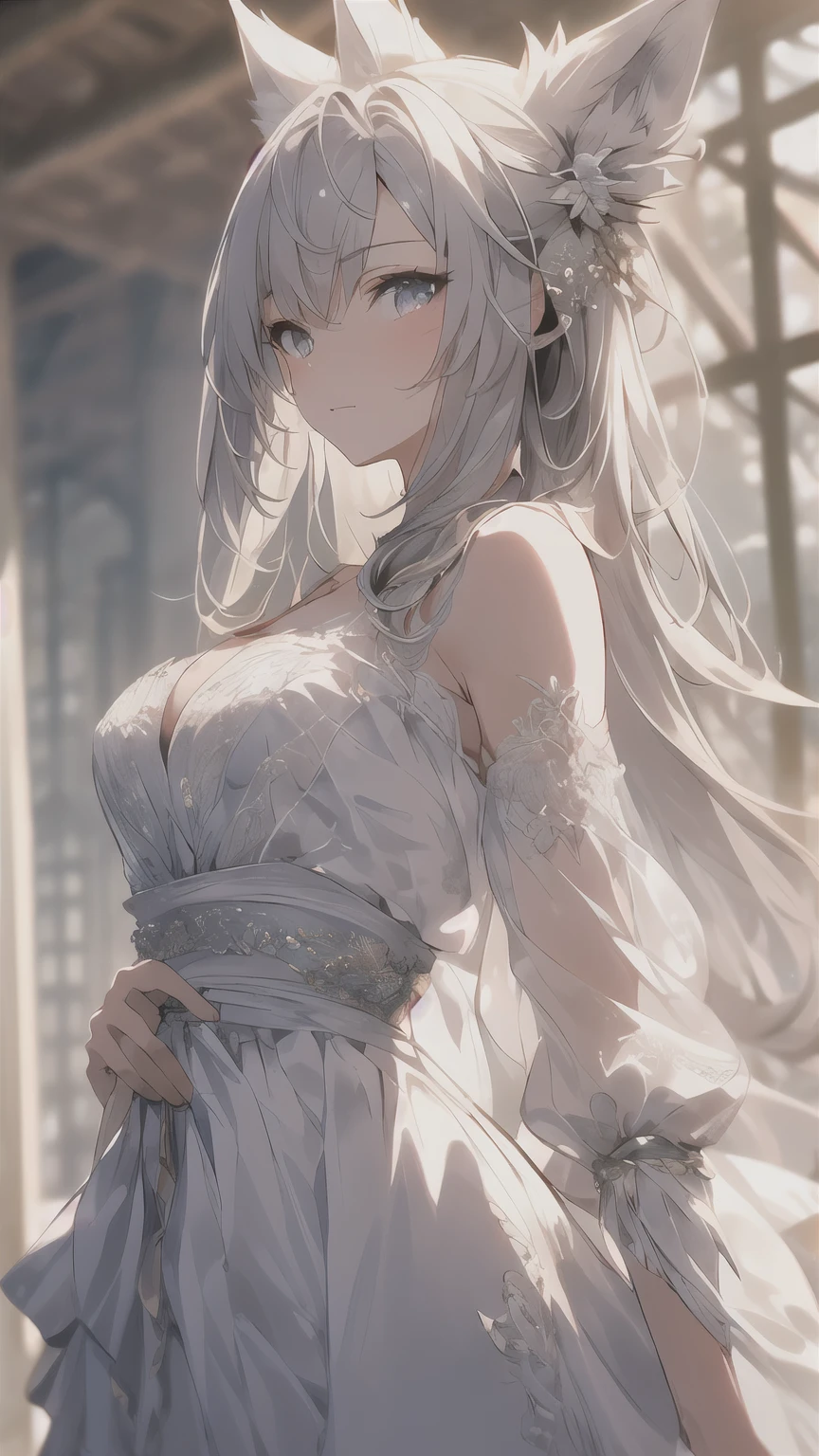 {{{{masterpiece}}}}, {{{hyper detailed}}}, {{{highres}}}, {{good anatomy}}, (((best quality))), ((an extremely delicate and beautiful)), {{an extremely detailed and delicate}}, {8k cg wallpaper}, {{illustration}}, A girl with straight silver hair and wolf ears has been reincarnated in another world. She fights at a high level to protect her husband in a rural village.