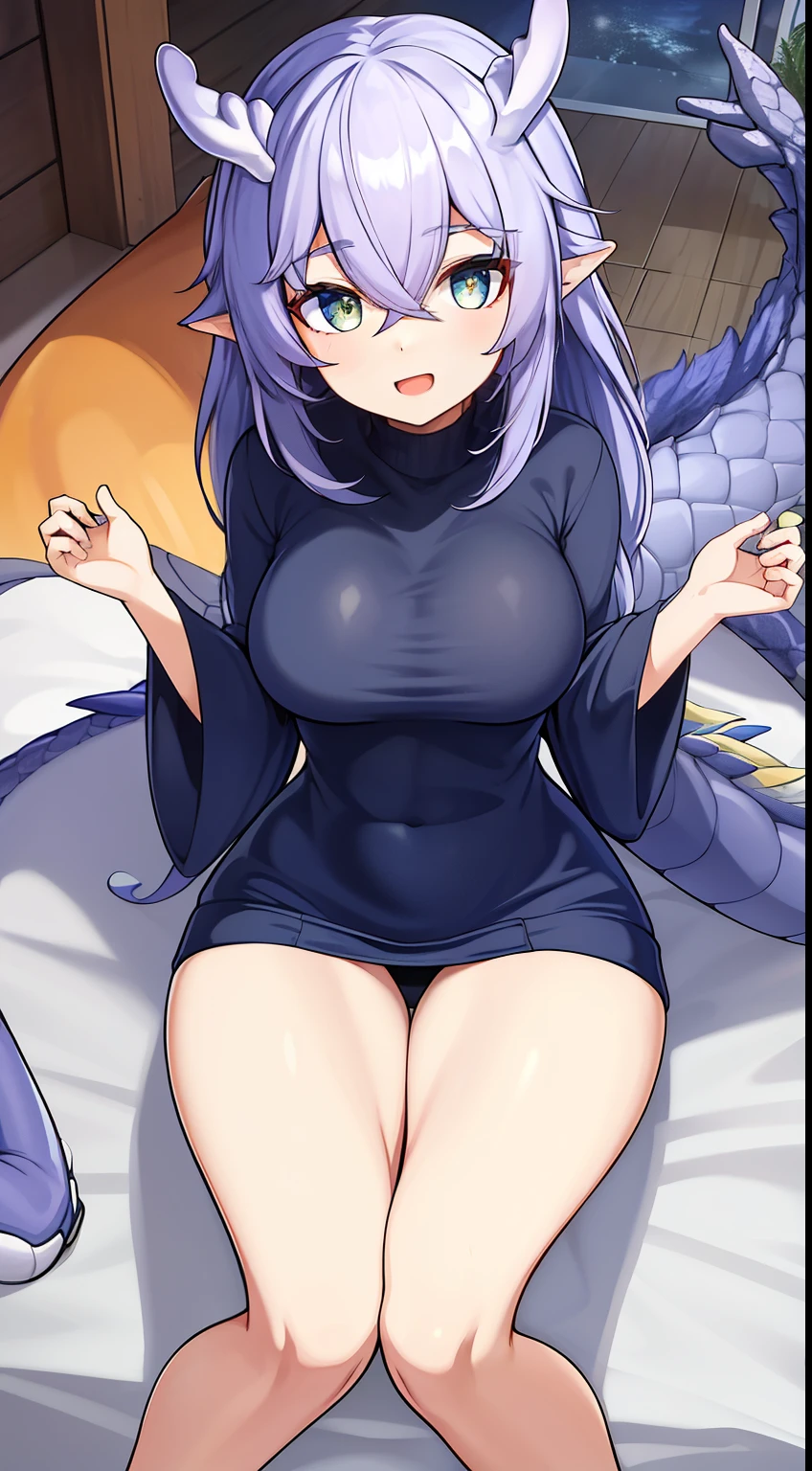 1 beautiful girl in a long hoodie，tmasterpiece，8K，Half realistic，4K，RTX，Shaders，brilliant texture work, sitting, thights, legs, thick legs, knees up, legs up, lower view, thick dragon tail, large breasts,