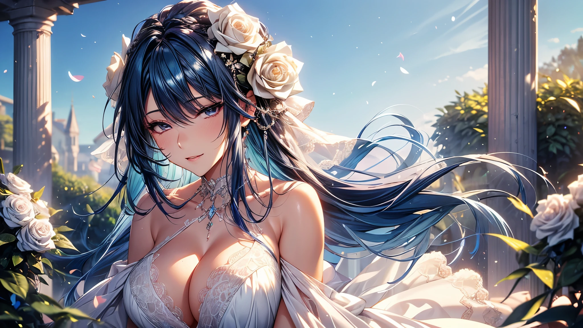 (masterpiece, best quality, beautiful and aesthetic:1.3), , 1 girl, Happy,  smirk,  (Dark blue hair Gradient sky blue hair:1.6), Absurdly long hair, half updo half up half down, wavy end, shiny hair, Flowing hair, (Deep purple eyes), Exquisite eyes, Aqua eyes, Super high detail eyes, long upper eyelashes, cosmetic, focus on face, Very rich facial details, Pretty Face, Perfect breasts, Hot body, (The skin texture is delicate:1.2), white Wedding dress, Lace-trimmed dress, transparent, Wedding dress, outdoor, White Rose, garden, morning, Everlasting, Very detailed, Octane Render