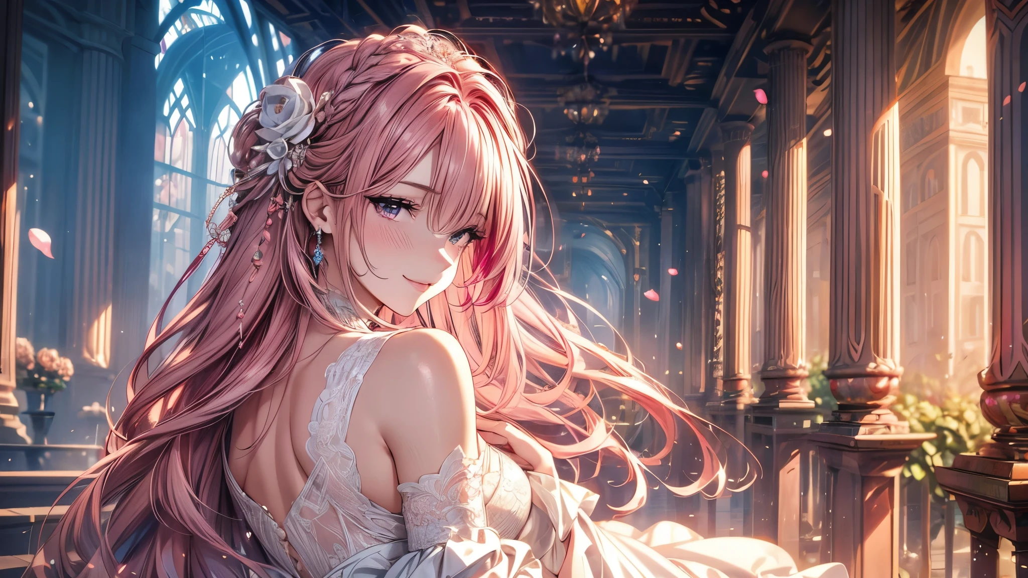 (masterpiece, best quality, beautiful and aesthetic:1.3), side view, look back, 1 girl, Happy,  smirk,  (Claret hair Gradient pink hair:1.6), Absurdly long hair, half updo half up half down, wavy end, shiny hair, Flowing hair, (glowing purple eyes), Exquisite eyes, Aqua eyes, Super high detail eyes, long upper eyelashes, cosmetic, focus on face, Very rich facial details, Pretty Face, Perfect breasts, Hot body, (The skin texture is delicate:1.2), white Wedding dress, Lace-trimmed dress, transparent, Wedding dress, outdoor, White Rose, garden, morning, Everlasting, Very detailed, 