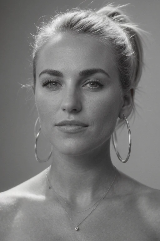 25 year old girl, (Kaley Cuoco:0.8), (Camilla Belle:0.9), (eugenie bouchard), beauty, beautiful girl, black and white photography, hard contrast, hard shadows, flawless skin, elegant pose, dramatic lighting, high fashion, cinematic, moody atmosphere, strapless tank, mini skirt, seductive smirk,  close up. Whit sneakers, hoop earrings, a wire thin necklace, wire thin bracelets