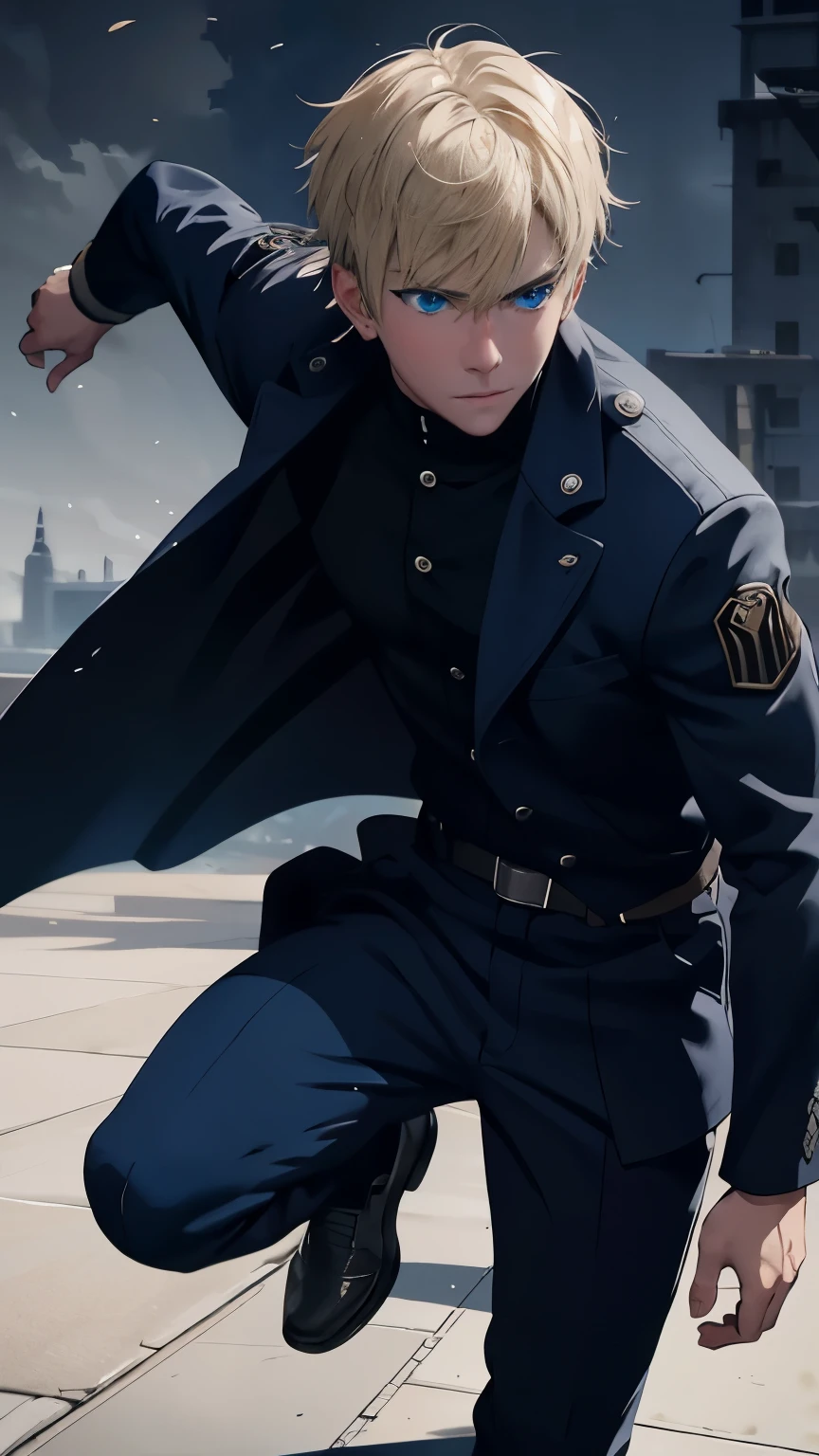 masterpiece, best quality, , 1boy, solo, male focus, looking at viewer, Full body, athletic body, depth of field, anime coloring, Punishing Gray Raven Theme, realistic, Yellow hair, aqua Blue eyes, camo Millitary Coat.