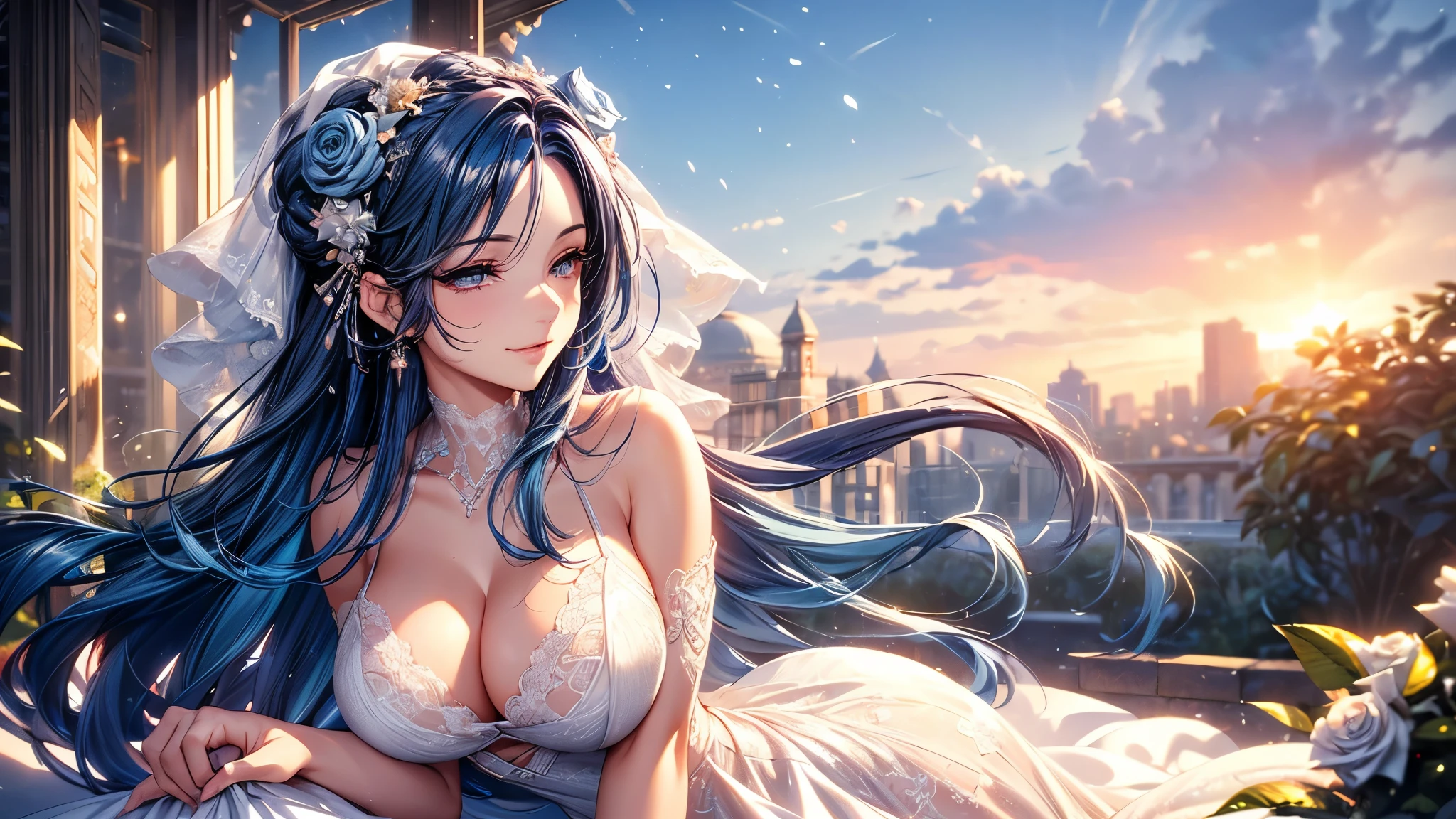 (masterpiece, best quality, beautiful and aesthetic:1.3), side view, look back, 1 girl, Happy,  smirk,  (Dark blue hair Gradient sky blue hair:1.6), Absurdly long hair, half updo half up half down, wavy end, shiny hair, Flowing hair, ( purple eyes), Exquisite eyes, Aqua eyes, Super high detail eyes, long upper eyelashes, cosmetic, focus on face, Very rich facial details, Pretty Face, Perfect breasts, Hot body, (The skin texture is delicate:1.2), white Wedding dress, Lace-trimmed dress, transparent, Wedding dress, outdoor, White Rose, garden, morning, Everlasting, Very detailed, Octane Render