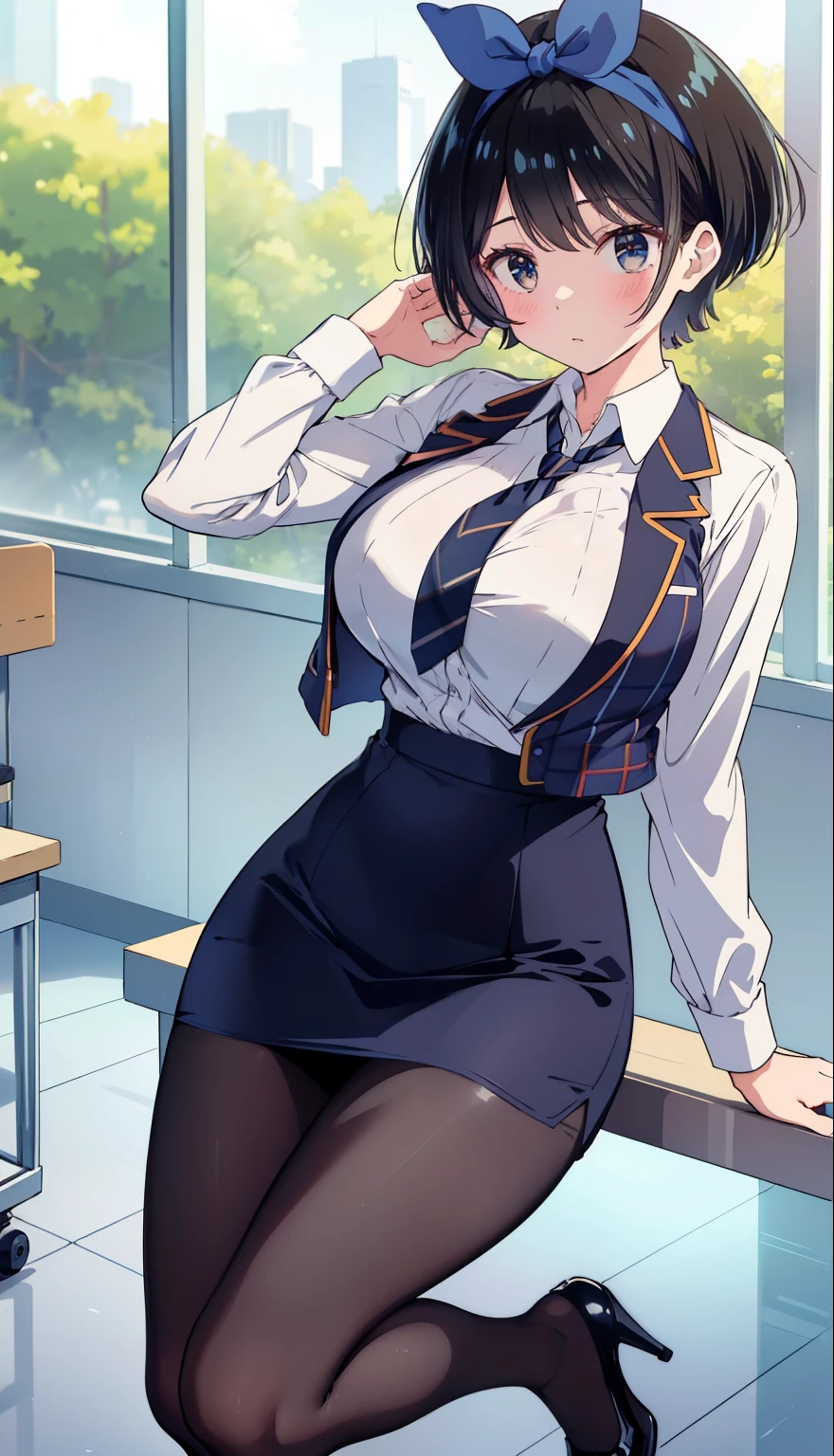 highest quality, Flying debris、Beautiful woman、officeレディー、Black Hair、(Brown eyes、Big Breasts、Blunt bangs)、short hair、チェック柄のダークブルーのofficeスーツ)、new employee,Full Body Shot、Female office lady、break(Dark blue checked vest、White dress shirt、Navy blue mini tight pencil skirt:1.2)、(Black Pantyhose、garter belt、High heels)、break(office:1.3)、Cleavage、Shirt buttons fly off、Absolute area、Blushing、Embarrassed、Standing posture、Open your mouth、Exposing the breasts、Bare your breasts、No panties、No bra、Nipples are visible、Expose the nipple