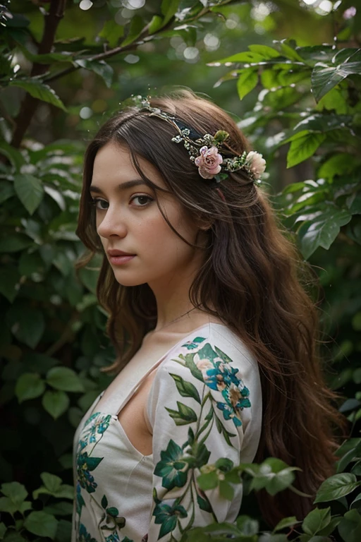 A girl intertwined with vibrant, blooming plants, embodying a fusion of nature and humanity. Her skin is adorned with intricate floral patterns, her hair entwined with lush green vines. This stunning image, likely a digital painting, captures the fusion of beauty and botanical life with intricate detail and vivid colors. The image is of exceptional quality, immersing viewers in a world where the line between woman and nature blurs seamlessly.