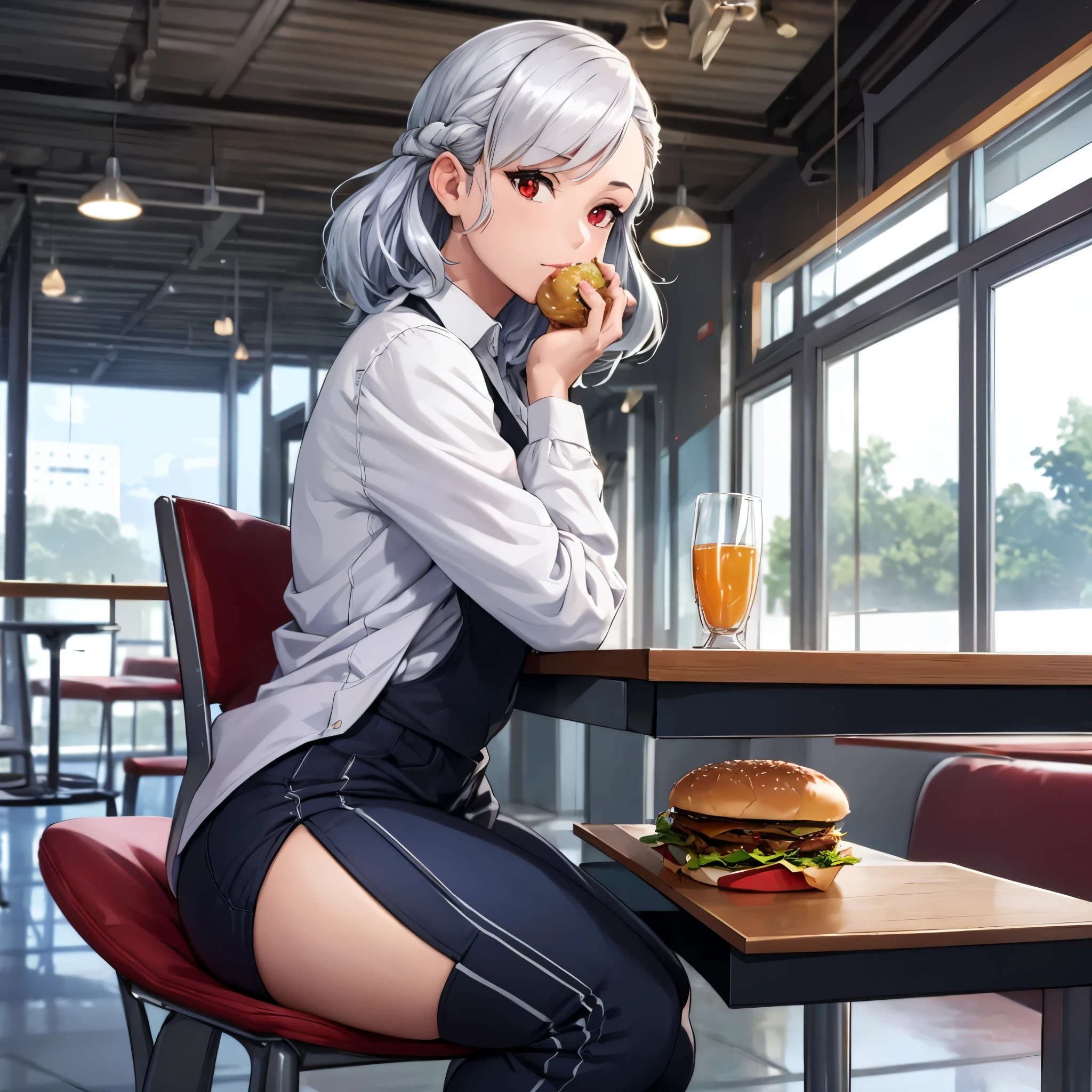 A woman with silver hair, red eyes, wearing casual clothes, in a cafeteria, sitting in a chair, eating a hamburger with her hands, near a glass window,, walking on the sidewalk outside a military base, stereogram, tachi-e, point of view, atmospheric perspective, 8k, superdetail, accurate, best quality, award-winning, textured skin, high resolution, anatomically correct, bokeh effect, ((woman solo).

