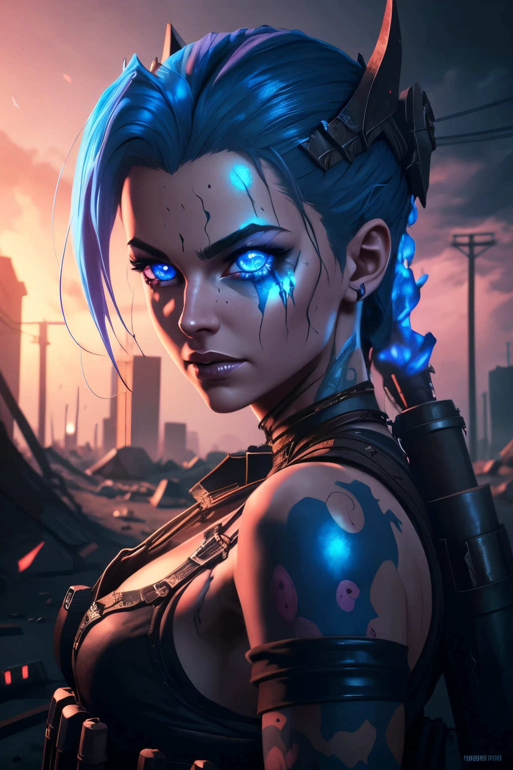 Lilith, beautiful demon, fallen angel, piercing blue eyes, hyperdetailed, photorealistic, post apocalyptic background, volumetric lighting, 4k