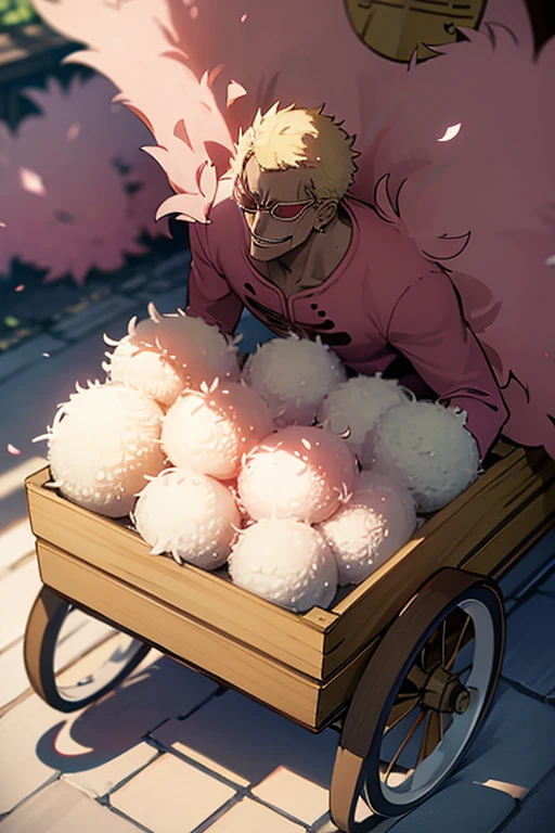 Doflamingo carrying a large amount of rice balls in a handcart