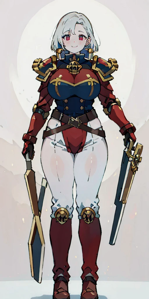 (masterpiece, best quality, 4k, 1girlsolo, 1MILF, mmplatz, smile, red cheeks, plain background:1.2) perfect face, perfect lighting, mature whsororitas with gloves red gauntlets in her hands like Cammy White from Street Fighter, bob white hair, warhammer 40k power armor suit, red eyes like rubies, full body armor, view from below, looking to the viewer, arms to the sides, military boots, silver skull big belt wide hips, 2 long legs