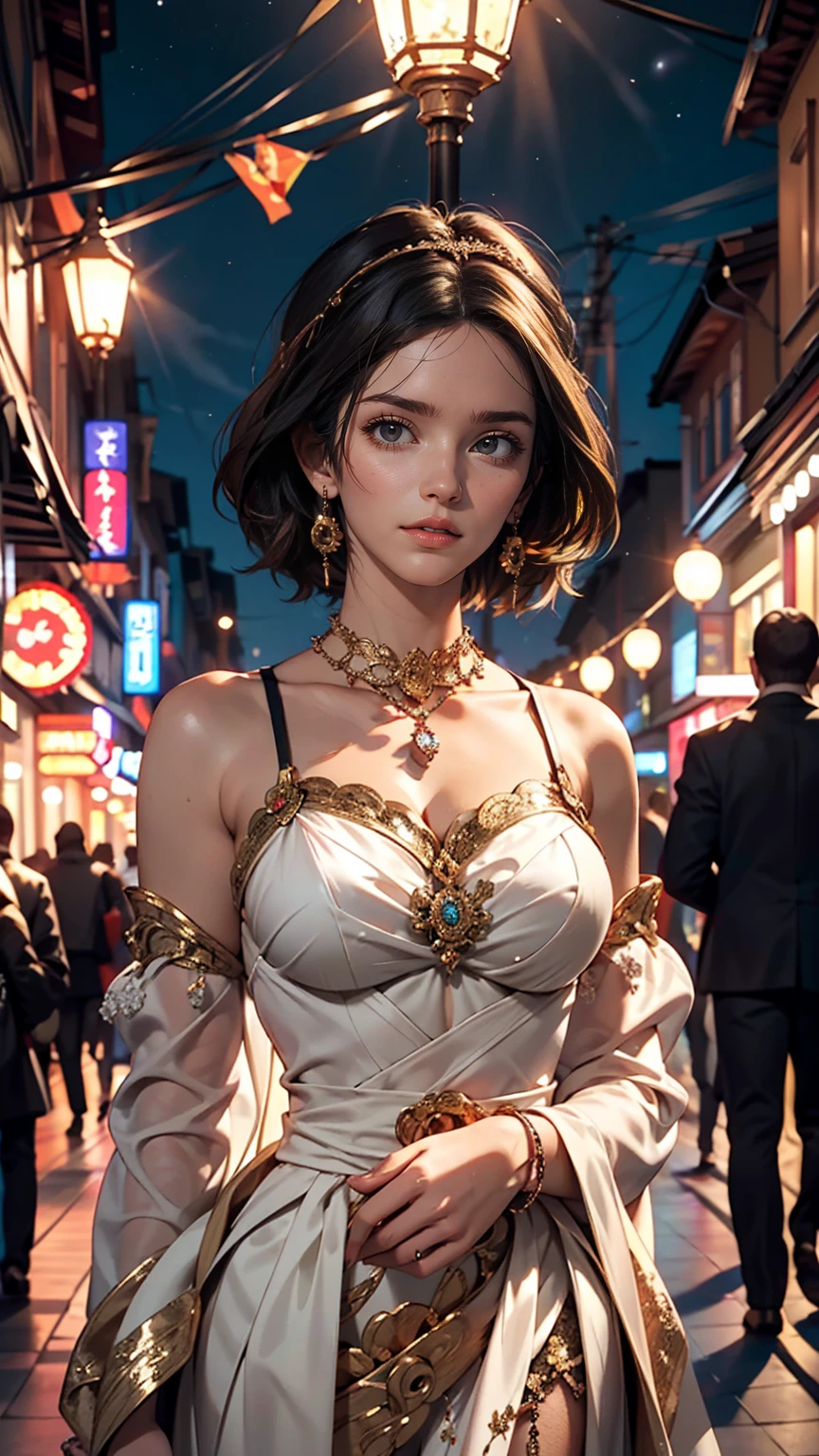 (Half Body Shot,Street lamp,moon),masterpiece, One girl, Solo Exhibitions, Beautiful woman on a busy street, Surrounded by peddlers, Beautiful Goddess Girl Portrait, Beautiful and elaborate face, Porcelain-like skin, (((Bust Shot, center, night, Black Hair, short hair)), Very soft lighting, Symmetric, complicated, grace, High detail, realism, art, concept art,