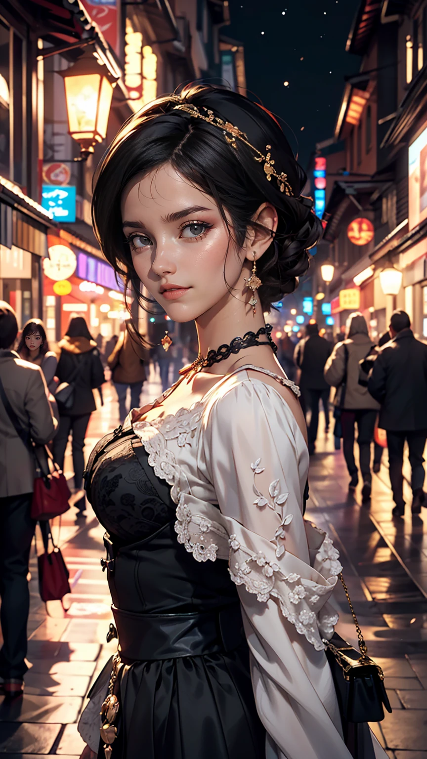 (Half Body Shot,Street lamp,moon),masterpiece, One girl, Solo Exhibitions, Beautiful woman on a busy street, Surrounded by peddlers, Beautiful Goddess Girl Portrait, Beautiful and elaborate face, Porcelain-like skin, (((Bust Shot, center, night, Black Hair, short hair)), Very soft lighting, Symmetric, complicated, grace, High detail, realism, art, concept art,