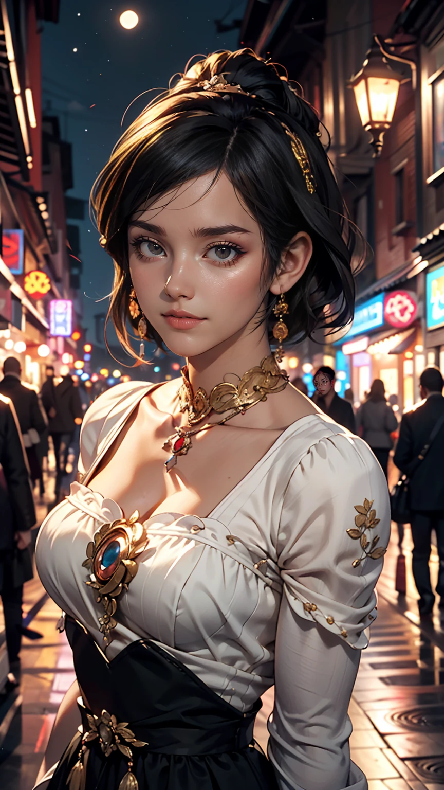 (Half Body Shot,Street lamp,moon),masterpiece, One girl, Solo Exhibitions, Beautiful woman on a busy street, Surrounded by peddlers, Beautiful Goddess Girl Portrait, Beautiful and elaborate face, Porcelain-like skin, (((Bust Shot, center, night, Black Hair, short hair)), Very soft lighting, Symmetric, complicated, grace, High detail, realism, art, concept art,