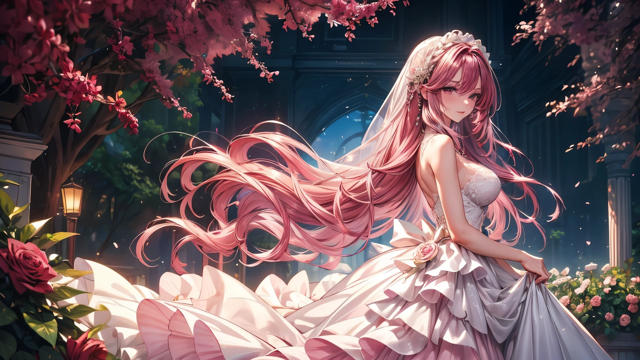 (masterpiece, best quality, beautiful and aesthetic:1.3), cowboy shooting , 1 girl, Happy,  smirk,  (Claret hair Gradient pink hair:1.6), Absurdly long hair, half updo half up half down, wavy end, shiny hair, Flowing hair, (glowing purple eyes), Exquisite eyes, Aqua eyes, Super high detail eyes, long upper eyelashes, cosmetic, focus on face, Very rich facial details, Pretty Face, Perfect breasts, Hot body, (The skin texture is delicate:1.2), white Wedding dress, Lace-trimmed dress, transparent, Wedding dress, outdoor, White Rose, garden, morning, Everlasting, Very detailed, 
