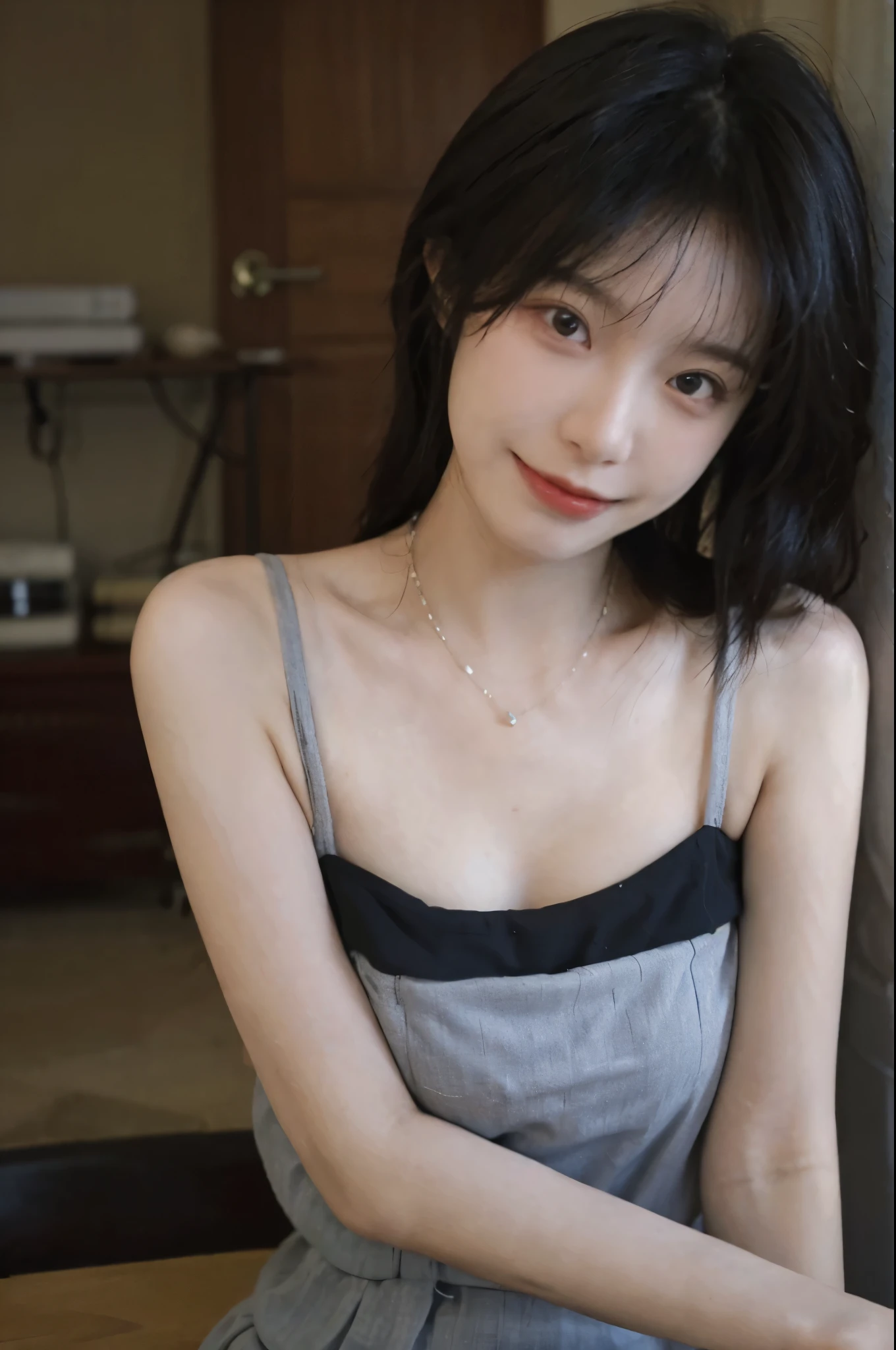 best qualtiy， Ultra-high resolution， （realisticlying：1.4），（（Medium hair）））， （tmasterpiece：1.3）， （complexdetails：1.2）， 1girll， solo，  delicated， beautifuldetails， （Detailed eyes）， （detailedfacialfeatures）， ， （（（little breast）））， skin tight， （head straight-looking at viewer）， （being thin）， （best qualtiy：1.4）， （Ultra-high resolution：1.2）， cinematric light， （Extreme detail illustration）， （Gloss on lips， best qualityer， Ultra-high resolution， depth of fields， Caustics， Wide lighting， naturalshadow， 85mm， f/1.4， iso 200， 1/160s：0.75），1girll， solo， （（（White suspenders）））ssmile， Suits， choker necklace，