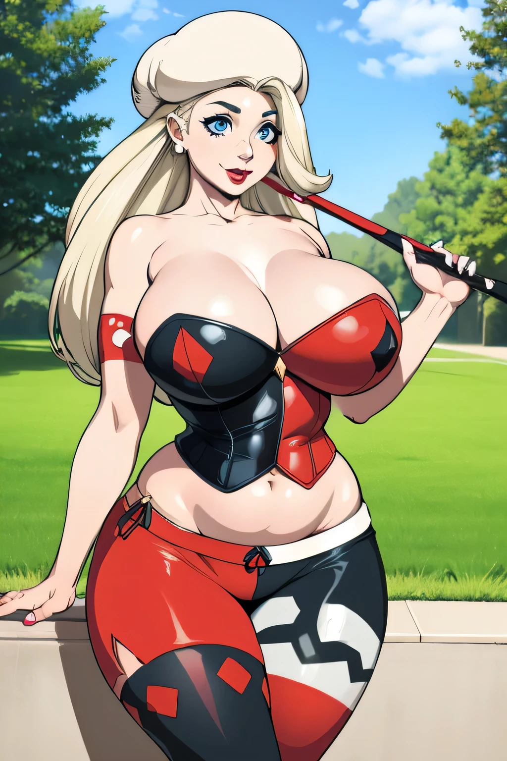 A beautiful beautiful girl attractive big breast long bright blonde curly hair her blue eye red lip she dresses red corset blue stripe shows navel wide sexy curve and her short black shorts for transparent black net socks