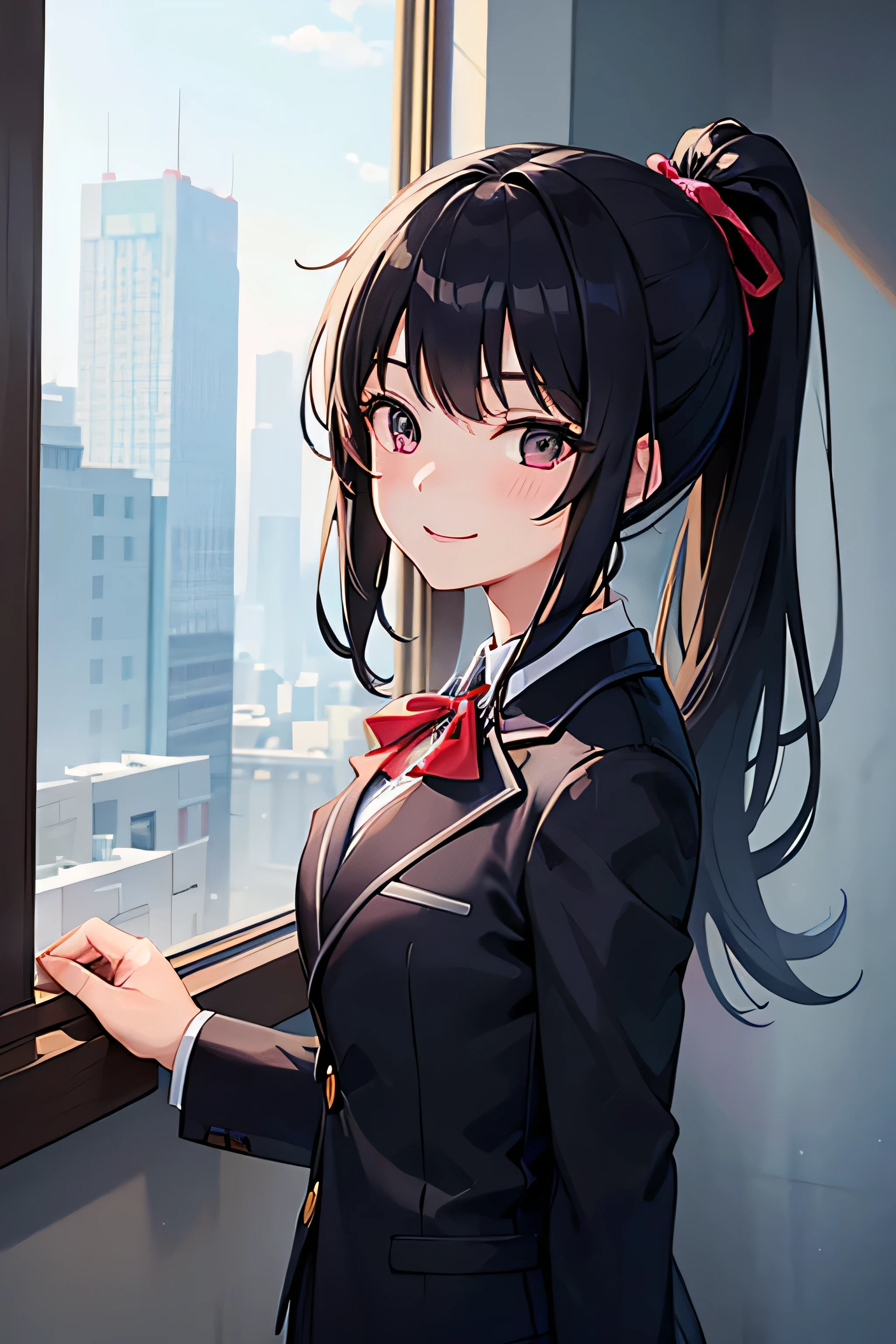 ((masterpiece、highest quality))、An illustration、Very detailed、high school girl、ponytail、uniform、blazer、Black Hair、smile