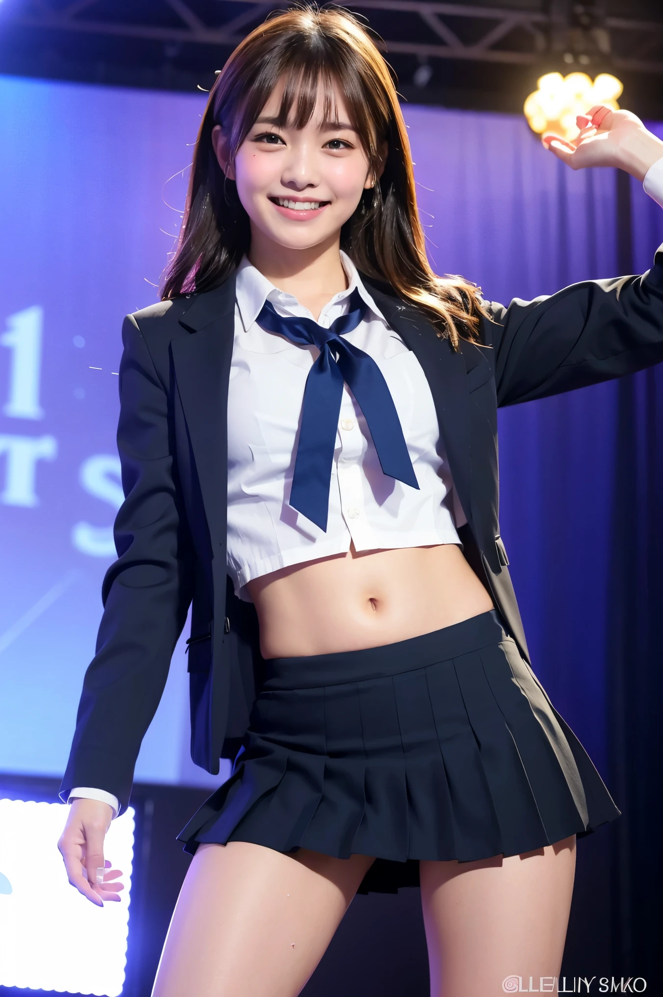 (8k), (highest quality: 1.2), (Realistic), (Realistic: 1.37), Ultra-high resolution, 1 girl, cute, (Embarrassed smile:1.2), (Blushing:1.4)Mouth closed, Beautiful details, Beautiful Nose, Wet Hair, Giant Dulcefo, pork, Thighs,Navel exposed,University Student Uniform,A simple blazer,Pleated skirt,Platform boots,Dancing on the school stage,(光沢のThighs:1.2),Medium Shot