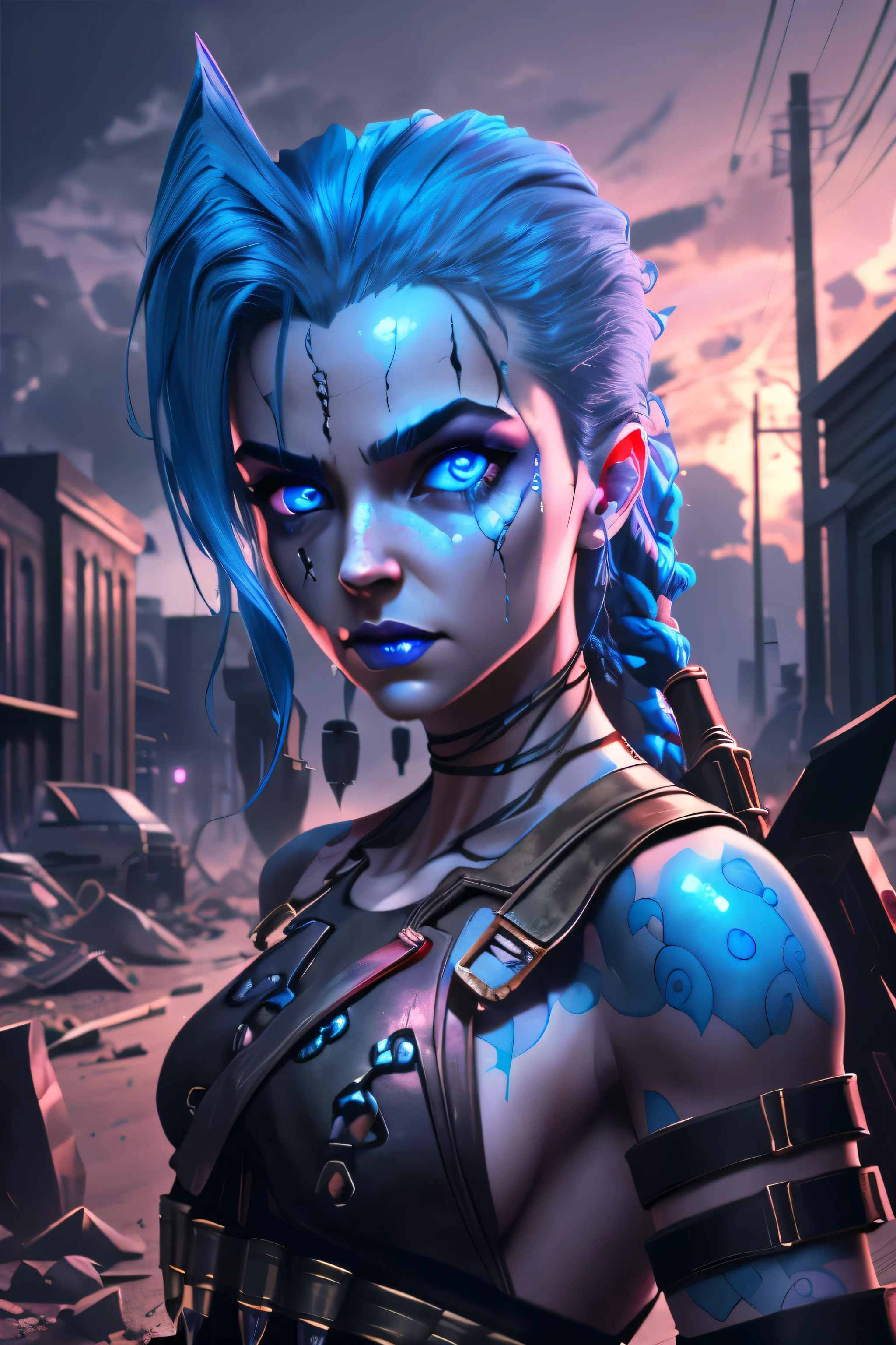 (8k, RAW photo, ultra high res, photorealistic, masterpiece, ultra-detailed, Unreal Engine):1.5,
cyberpunk background of ( <lora:Light and Shadow [13239]:0.5> starry,strry light,night,colorful,cloud,star, colored background, detailed background, outside background),
(1girl:1.3), facev2, portrait fullbody:2, (shiny skin:1.5), crazy face expression:1.3,
perfect female body, perfect face, detailed face, perfect eyes, detailed skin, best hands, detailed skin, perfect fingers, best breasts:1.2, multicolored hair,
<lora:asanagi-1126it-novae:1> <lora:nat-the-lich-1210it-novae:1>
<lora:JinxLol:1> jinxlol