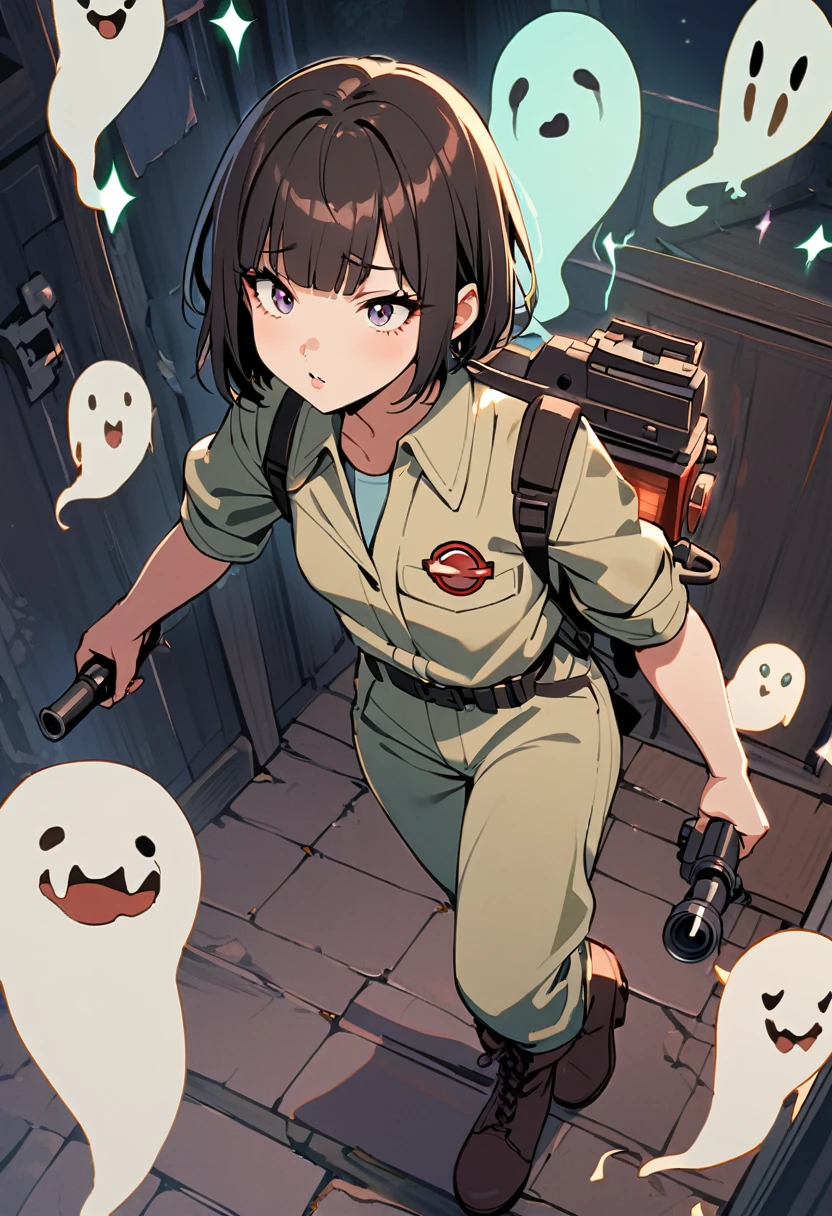 1girl exploring mysterious haunted mansion,(GHOST BUSTERS's jumpsuit(beige color)),Brown platform boots,Ghostbusters patch,Carrying a proton pack,Has Ghostbusters Proton Gun,BREAK 16yo,beautiful detailed face,(navy hair,wavy-short hair),parallel eyebrows,navy eyes with large irises,blunt bangs,small nose, fresh lips,small breasts,(5feet tall)),Frightened expression,too many ghosts, 