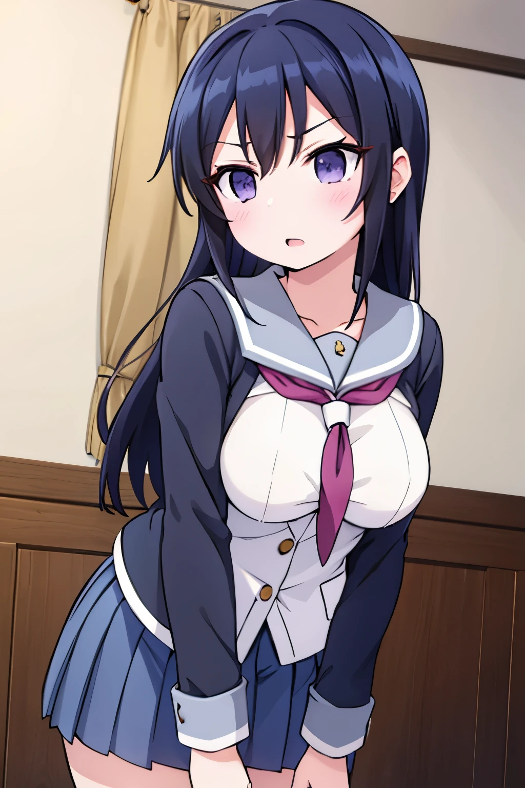 G-Cup　　masterpiece　highest quality　High resolution　Black Hair　Gal　JK　uniform　titsたくし上げ　Nipples　sexy　Yamato Nadeshiko　Aragaki Ayase　　Glaring eyes　A slightly open mouth　Light in your eyes　tits　Eye highlights