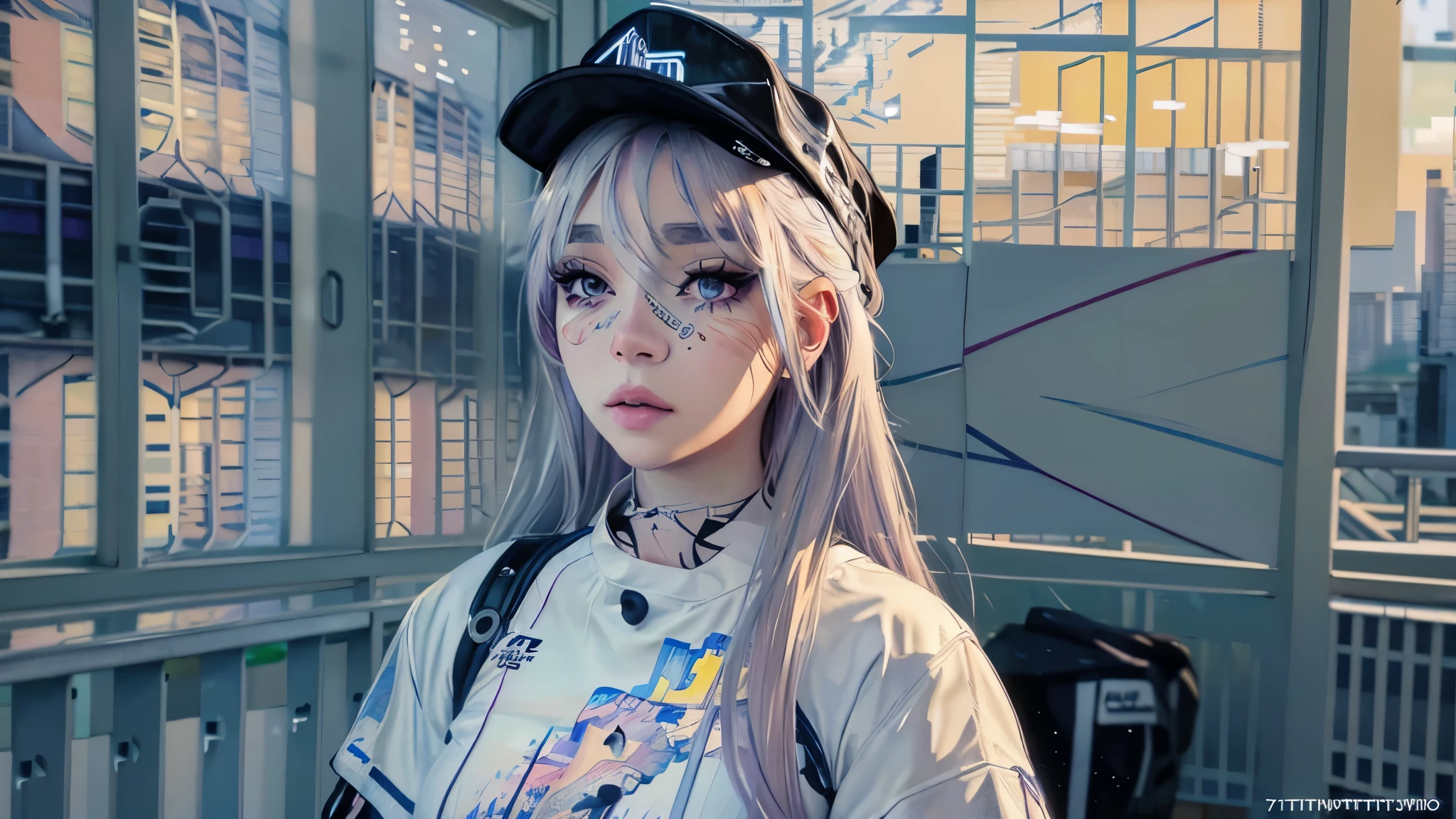 masterpiece, best quality, 4k, UHD, mishoujo, painting, beautiful eyes and detailed face, illustration, beautiful detailed, high resolution illustration, glowing_white_particles, 1girl, white hair, light purple eye, hair over one eye, short sidetail, baseball cap,expressionless, window shade, black jacket, chest rig, cyberpunk, techwear,(Impressionism:1.4)