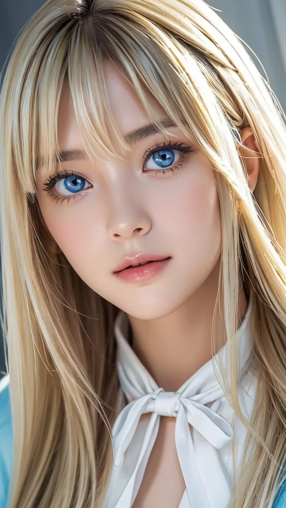 (a closeup:1.4)、(RAW shooting:1.2)、(Photorealsitic:1.4)、(masterpiece:1.3)、(top-quality:1.4)、bright expression、photorealisim、top-quality、超A high resolution、a picture、exquisitely beautiful girl、Extraordinary beautiful girl、Detailed cute and beautiful face、Beautiful bangs、alice in the wonderland、Glowing white shiny skin、facial hairs、Bangs that extend to the face、Bangs between the eyes、Super long hair、Attractive light and dark platinum blonde super long straight silky hainer hair、Attractive glowing beautiful bright clear light blue big eyes、White Apron、Yellow dress、eye liner、Double eyelids、Lush bust