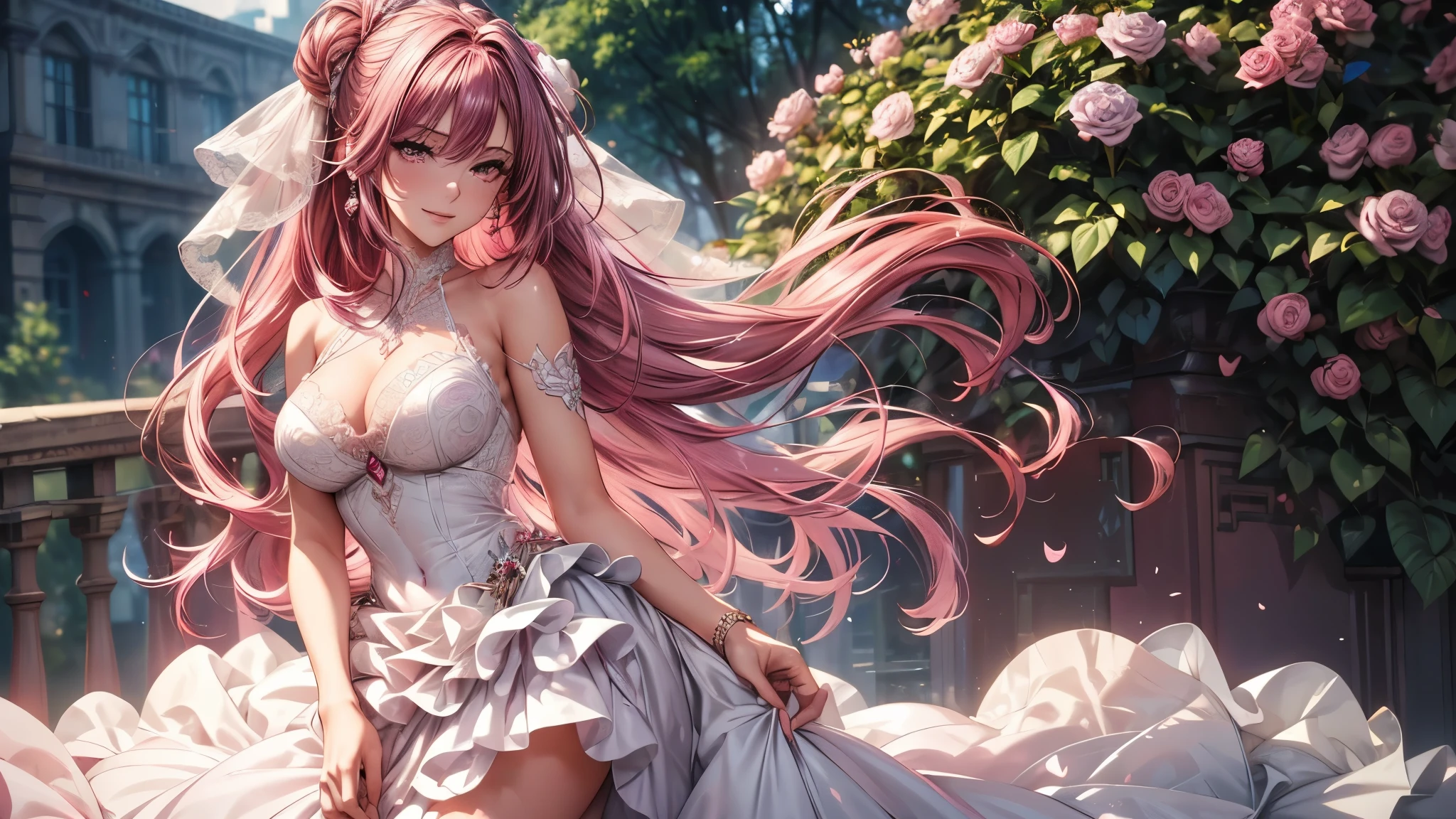 (masterpiece, best quality, beautiful and aesthetic:1.3), cowboy shooting , 1 girl, Happy, smirk, (Claret hair Gradient pink hair:1.6), Absurdly long hair, half updo half up half down, wavy end, shiny hair, Flowing hair, (glowing purple eyes), Exquisite eyes, Aqua eyes, Super high detail eyes, long upper eyelashes, cosmetic, focus on face, Very rich facial details, Pretty Face, Perfect breasts, slim body, (The skin texture is delicate:1.2), white Wedding dress, Lace-trimmed dress, transparent, Wedding dress, outdoor, White Rose, garden, morning, Everlasting, Very detailed,