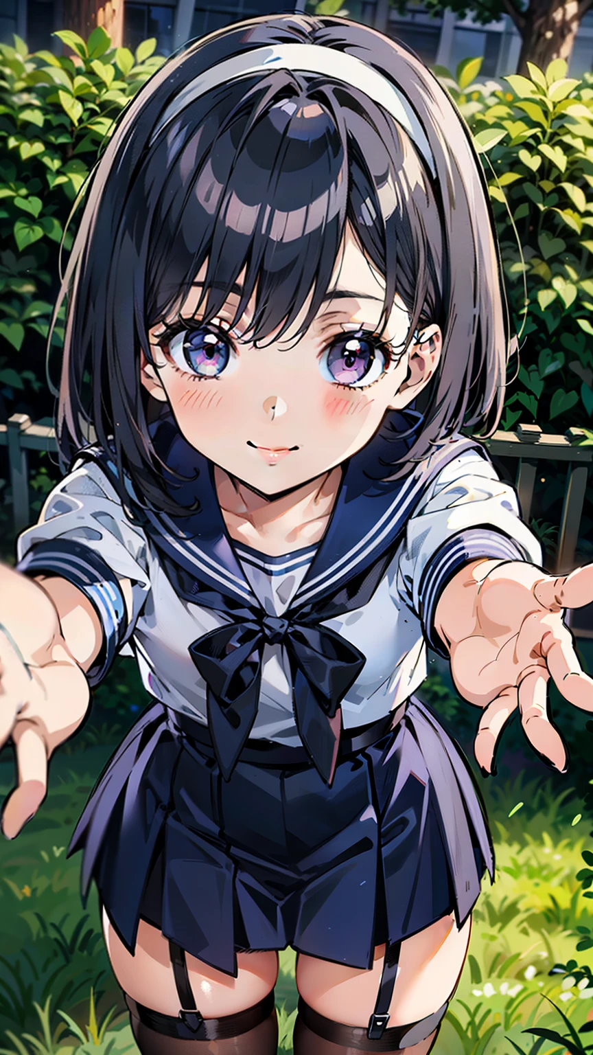 sailor uniform, sailor suit, One Woman, (A beauty woman, Delicate high school girl:1.3), 8K, highest quality, masterpiece, Very detailed, Ultra-high resolution, Realistic, RAW Photos, Absolute Resolution, Black Hair, Bobcut, Small face compared to body, Very small face, Black Hair, ((Navy blue sailor suit)), Navy Blue Skirt, High school girl in sailor suit, 2D Rendering of Anime, Realistic若いアニメの女子高生, , ((White headband)), Small breasts, tall, Slanted Eyes, Purple Eyes, Black Stockings, garter belt, toothless smile, garden, (Reaching out:1.3), (Top-down position:1.2), blurry background,