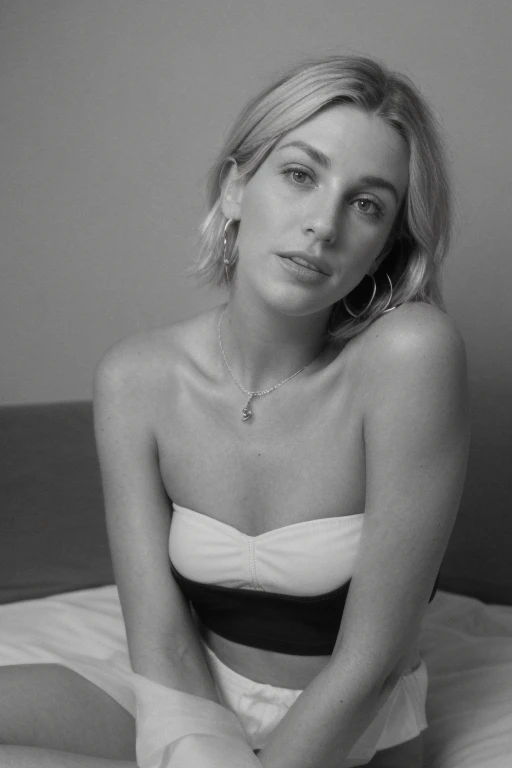 25 year old girl, (Kaley Cuoco:0.8), (Camilla Belle:0.9), (eugenie bouchard), beauty, beautiful girl, black and white photography, hard contrast, hard shadows, flawless skin, elegant pose, dramatic lighting, high fashion, cinematic, moody atmosphere, strapless tube top, mini skirt, seductive smirk,  White canvas sneakers, hoop earrings, a wire thin necklace, wire thin bracelets, crouching, laying on n the floor, arm raised, 