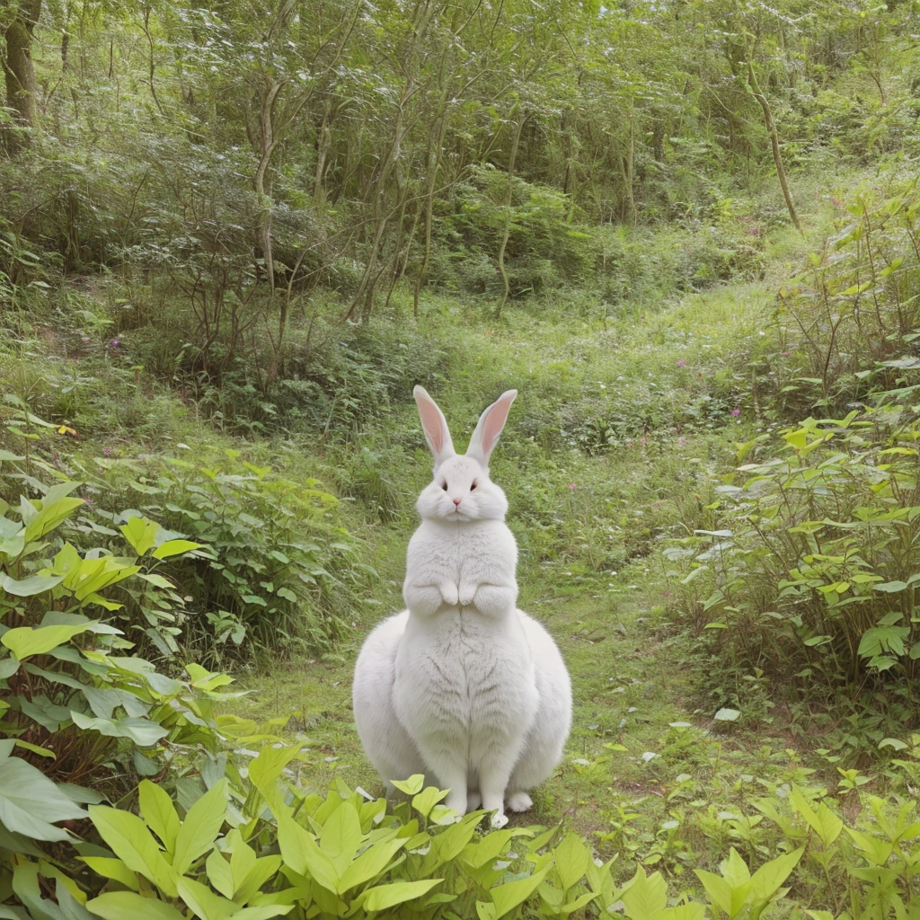 a rabbit with long fluffy rabbit ears, cute bunny, detailed fur texture, adorable animal, rabbit in the forest, forest background, nature scenery, (best quality,4k,8k,highres,masterpiece:1.2),ultra-detailed,(realistic,photorealistic,photo-realistic:1.37),HDR,vivid colors,soft lighting