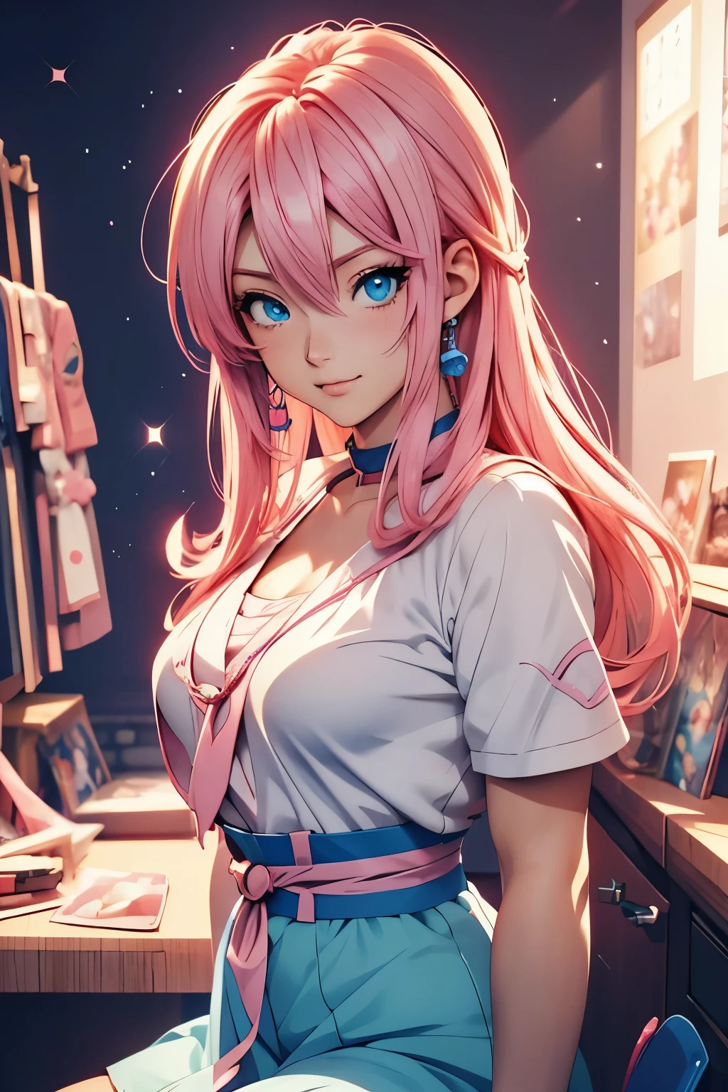 Anime girl with pink hair and blue eyes posing for a photo, Anime Style. 8k, Created by Anime Painter Studio, Anime Styled 3d, Anime Style portrait, in Anime Style, semirealistic Anime Style, Anime Style character, in an Anime Style, Realistic Anime 3D Style, Anime realism style, Anime Moe Art Style, flat Anime Style shading