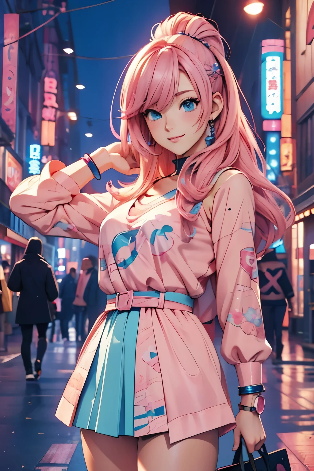 Anime girl with pink hair and blue eyes posing for a photo, Anime Style. 8k, Created by Anime Painter Studio, Anime Styled 3d, Anime Style portrait, in Anime Style, semirealistic Anime Style, Anime Style character, in an Anime Style, Realistic Anime 3D Style, Anime realism style, Anime Moe Art Style, flat Anime Style shading