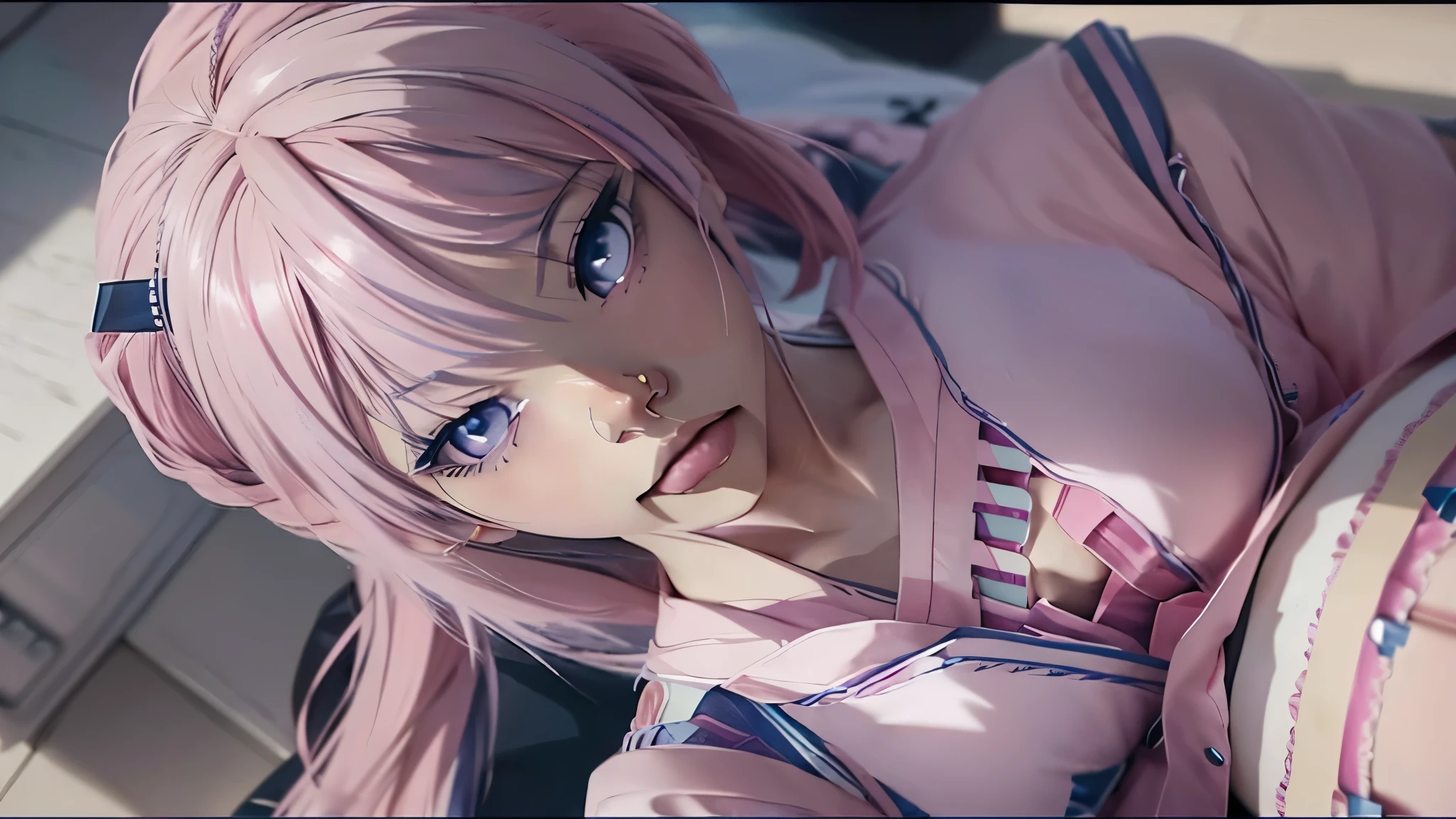 anime girl with pink hair and blue eyes wearing a vest, render of april, sayori, close up iwakura lain, 8k portrait render, render of a cute 3d anime girl, photorealistic anime girl render, smooth anime cg art, close up of a young anime girl, anime visual of a cute girl, rin, anime moe artstyle