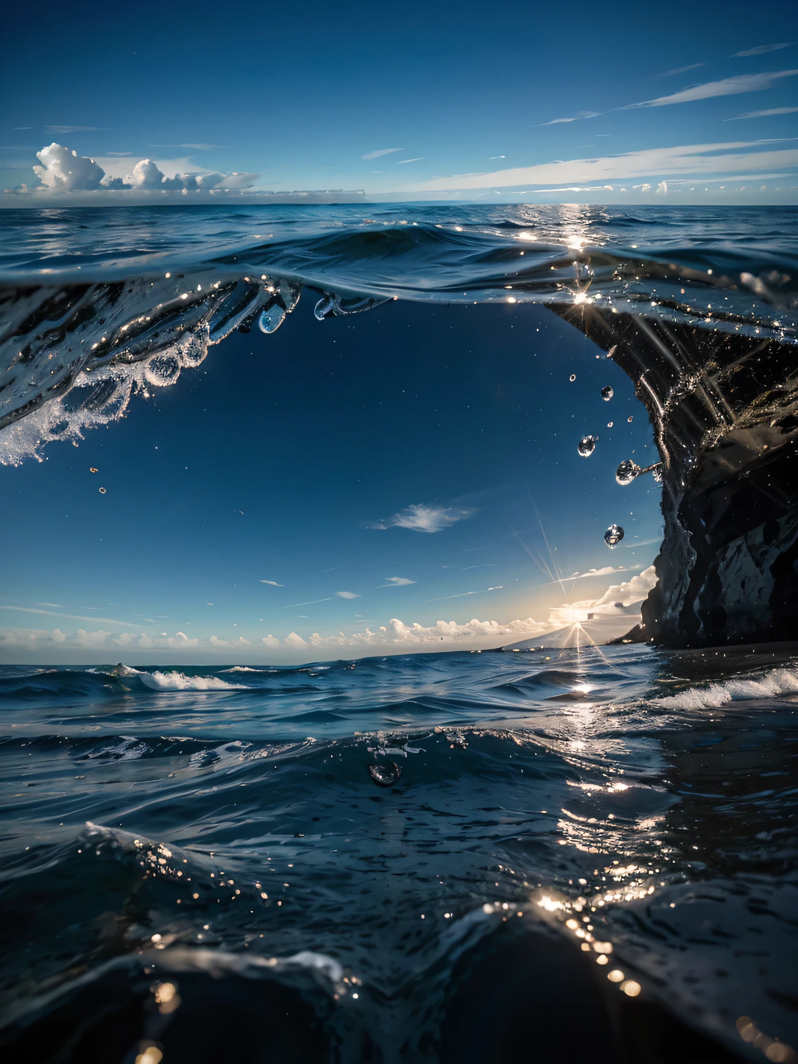 Beach landscape inside a drop of water in the middle of the ocean