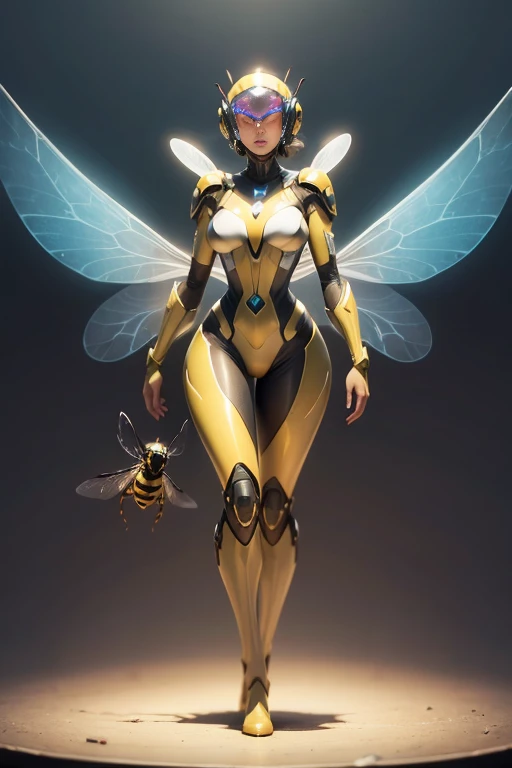 An exquisitely detailed portrayal of an astonishing Insectoid girl adorned with a remarkable Wasp Body, Shiny Plug Suit, Wasp wings, Full body, Flying, Clear Glass Visor Helmet, Beautyful Fashion model Face, Wide Angle Lens