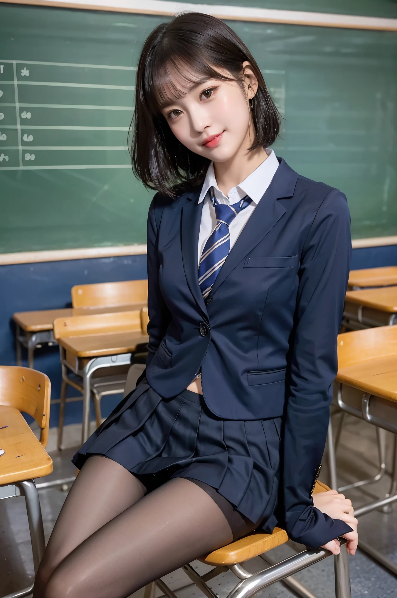 (8k), (highest quality: 1.2), (Realistic), (Realistic: 1.37), Ultra-high resolution, 1 girl, cute, Shiny skin,(Blushing:1.2),smile, Mouth closed, Beautiful details, Beautiful Nose, whole body, Wet Hair, Short Bob Hair,Giant Dulcefo, pork,Navel exposed,(school uniform:1.4),A simple blazer,(Pleated skirt:1.2),Sit on a chair, (shiny pantyhose:1.2),jk