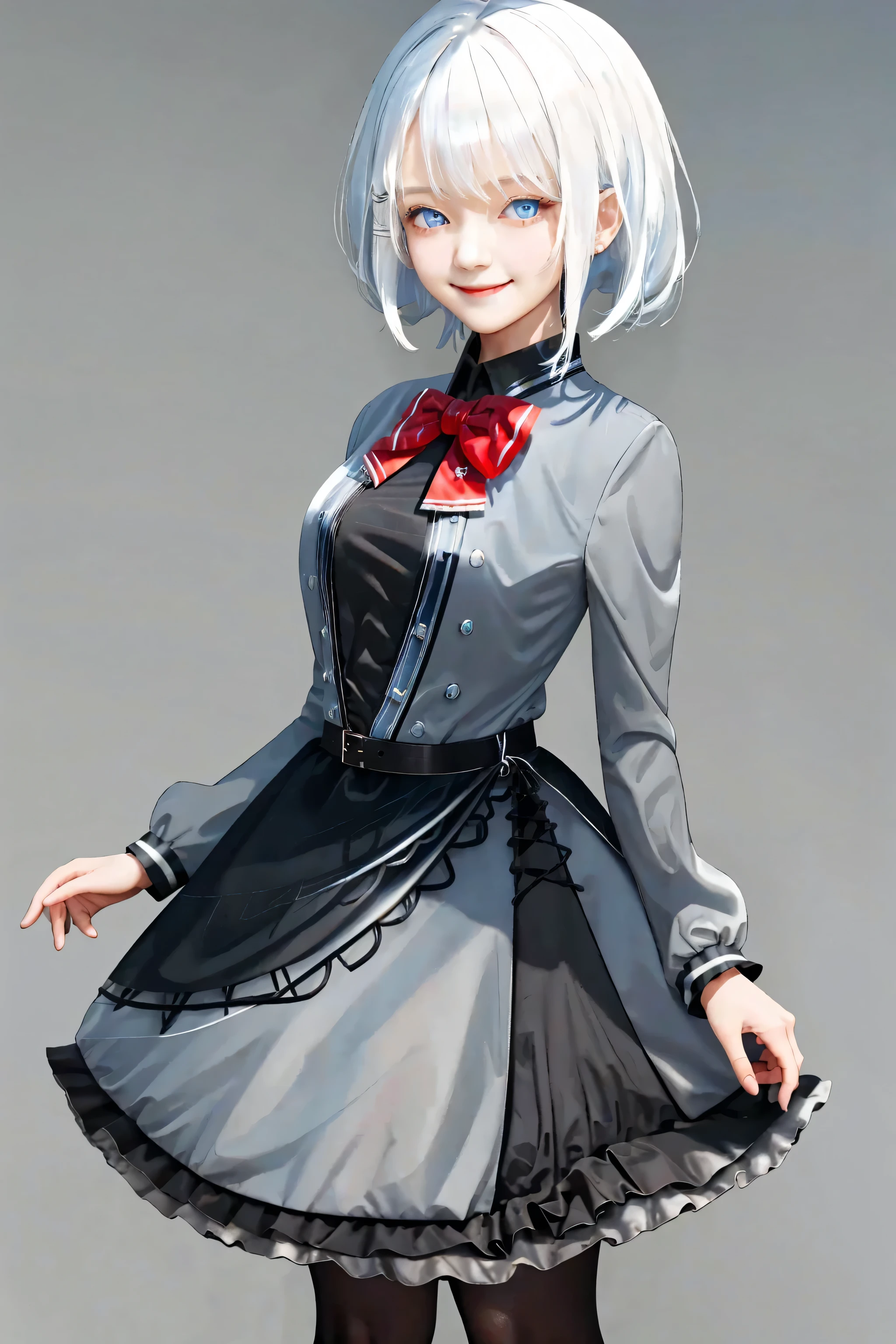 masterpiece, best quality, hd, 1girl white hair blue eyes x hair ornament, red bowtie black shirt grey jacket grey dress black skirt black belt frills black pantyhose, standing, smile